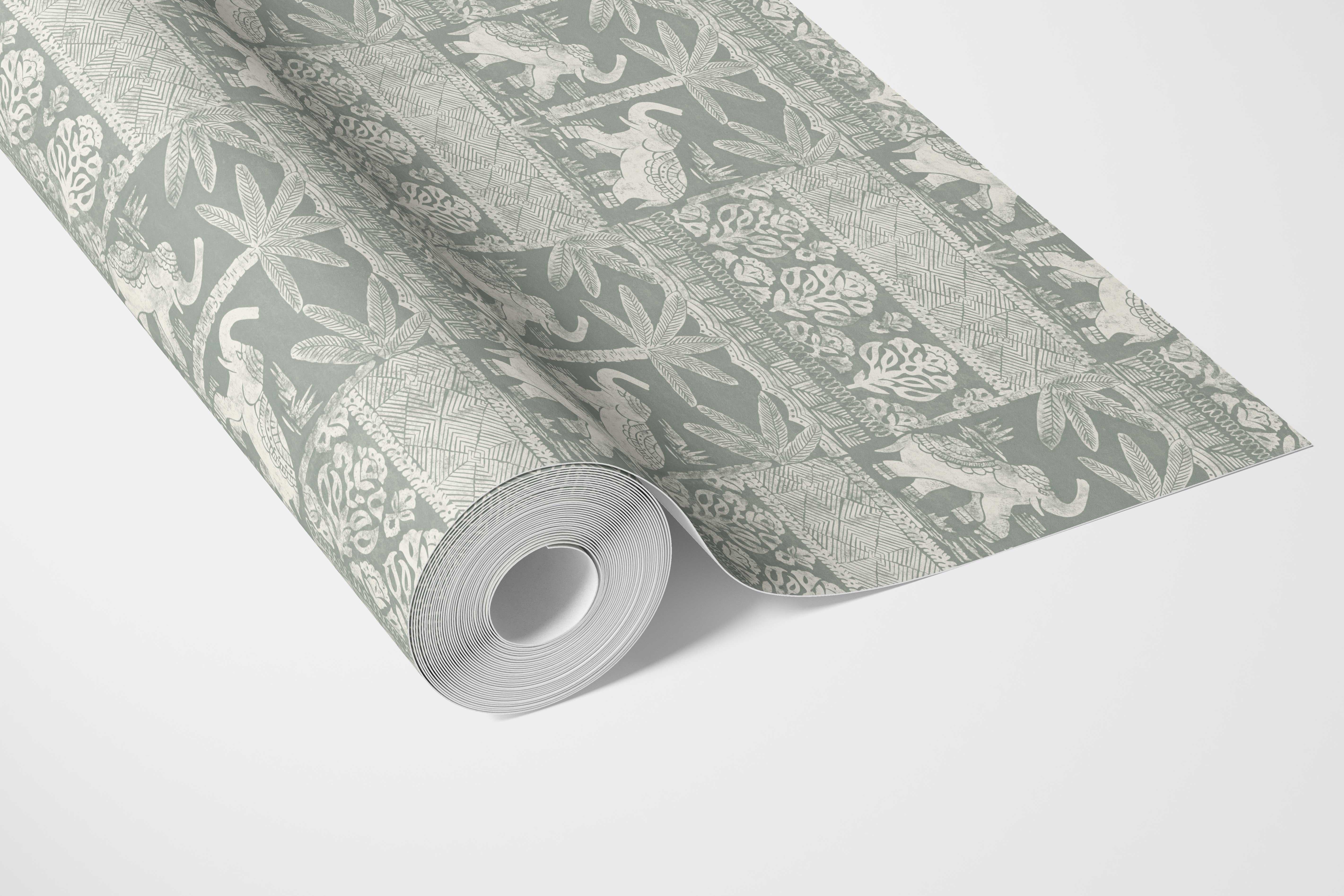 Ethnic/ Heritage Elephants & Animals Print Bathroom Wallpaper Sample (Green-Gray/ White)