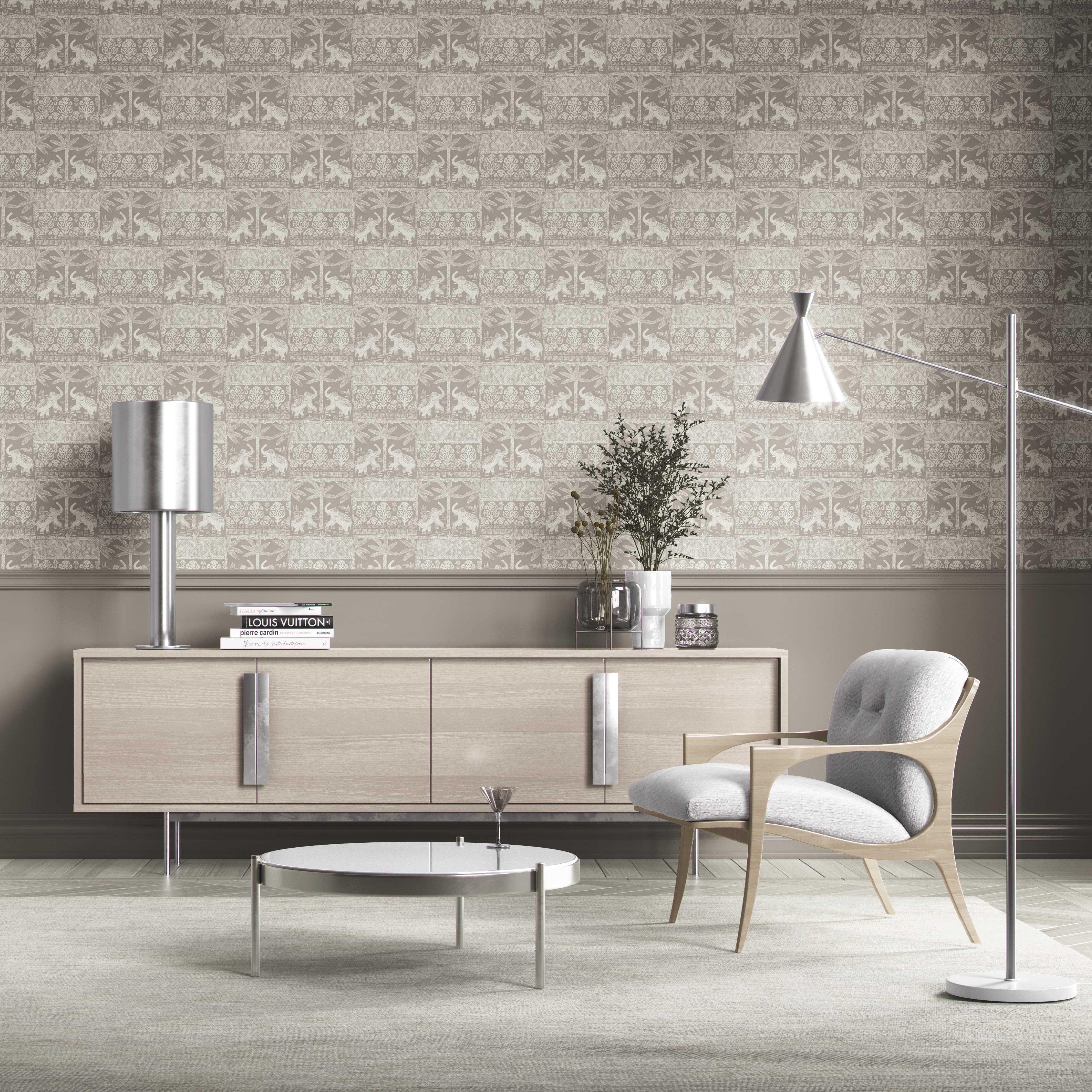 Ethnic/ Heritage Elephants & Animals Print Kitchen Wallpaper Sample (Warm Gray/ Greige/ White)