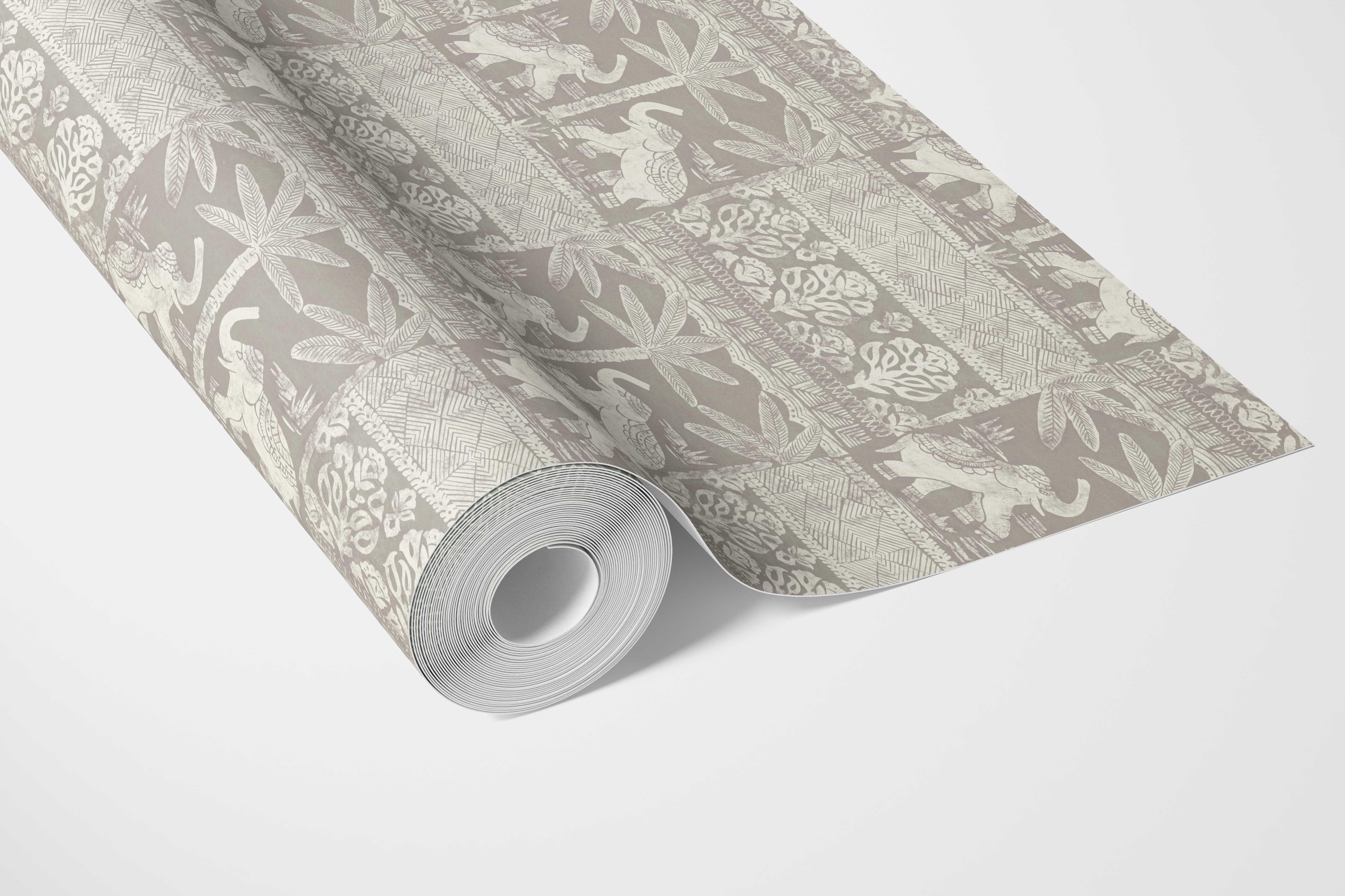 Ethnic/ Heritage Elephants & Animals Print Bathroom Wallpaper Sample (Warm Gray/ Greige/ White)
