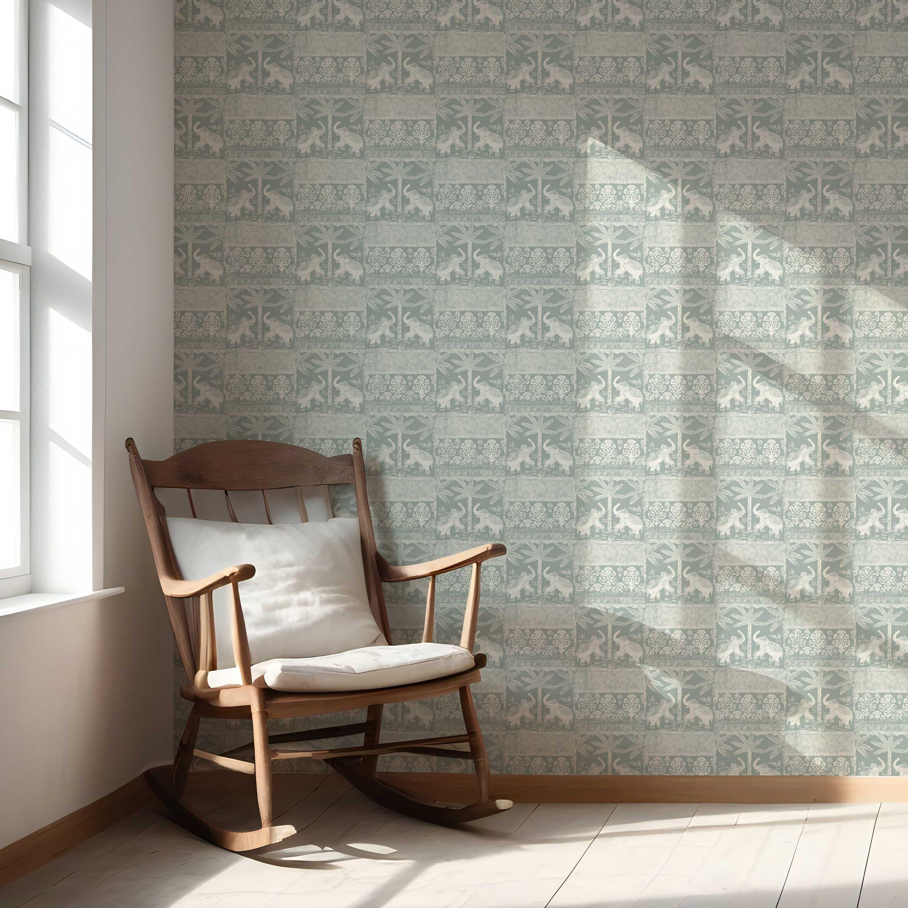 Ethnic/ Heritage Elephants & Animals Print Nursery Wallpaper Sample (Duck Egg Blue/ White)