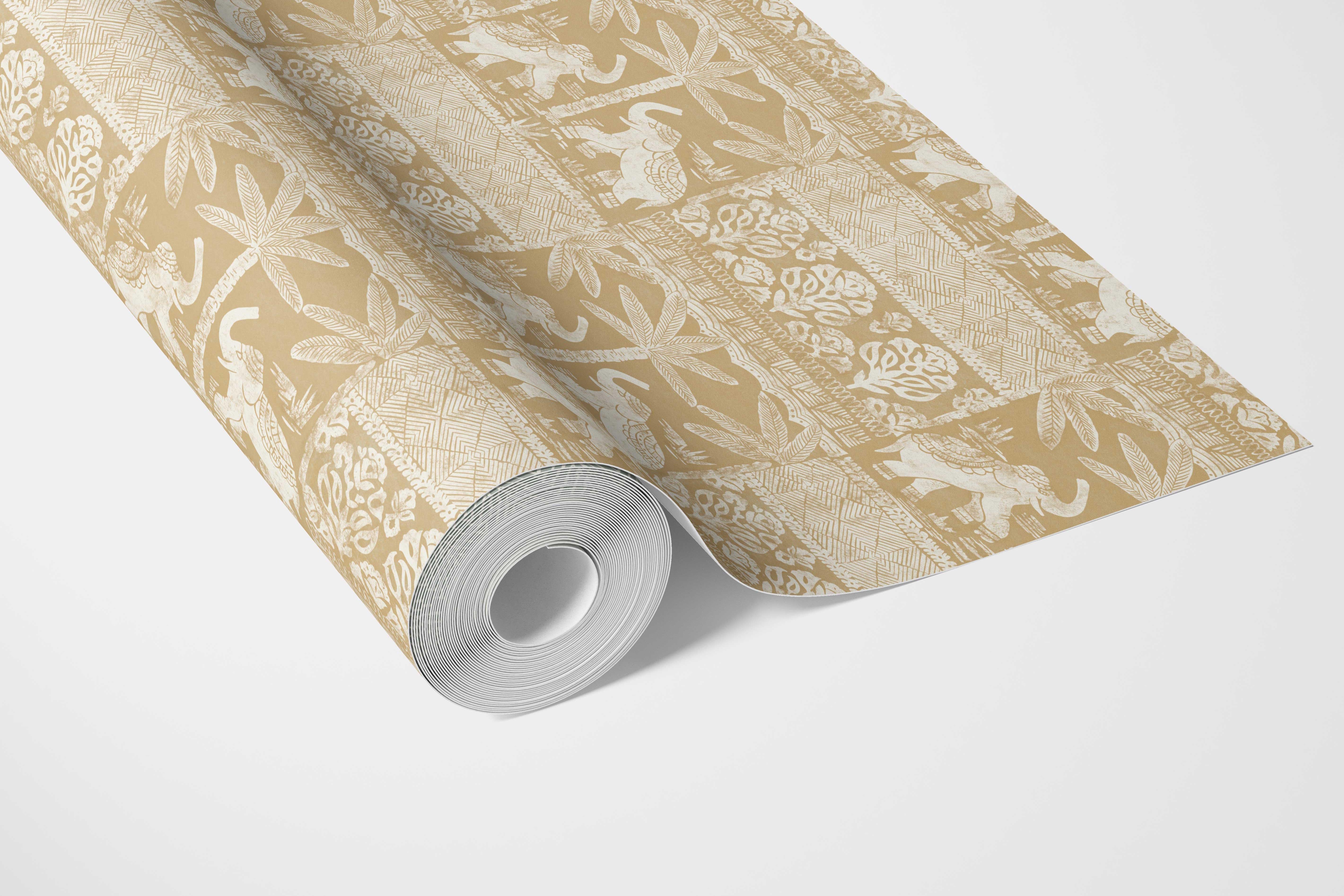 Ethnic/ Heritage Elephants & Animals Print Bathroom Wallpaper (Yellow/ White)