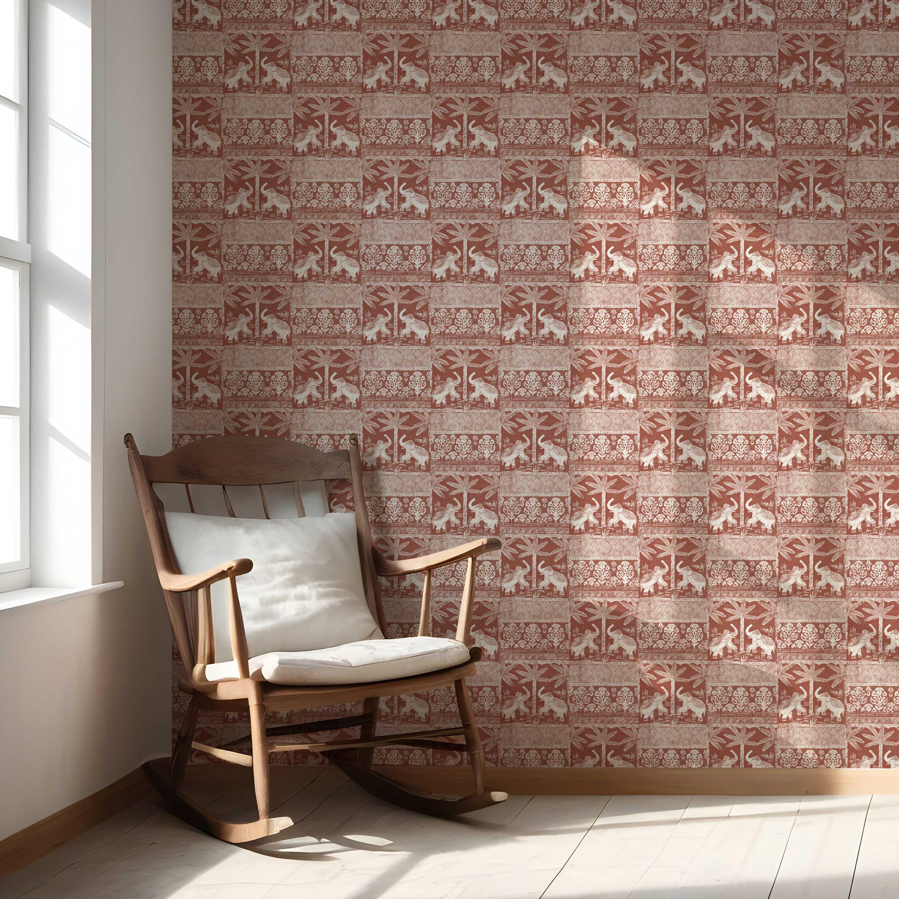 Ethnic/ Heritage Elephants & Animals Print Nursery Wallpaper (Terracotta Red/ White)