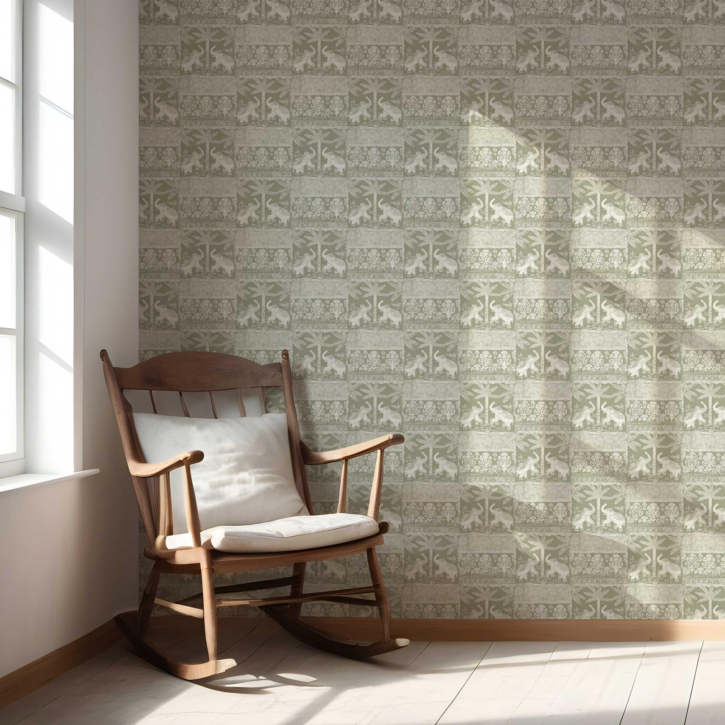 Ethnic/ Heritage Elephants & Animals Print Nursery Wallpaper (Olive Green/ White)