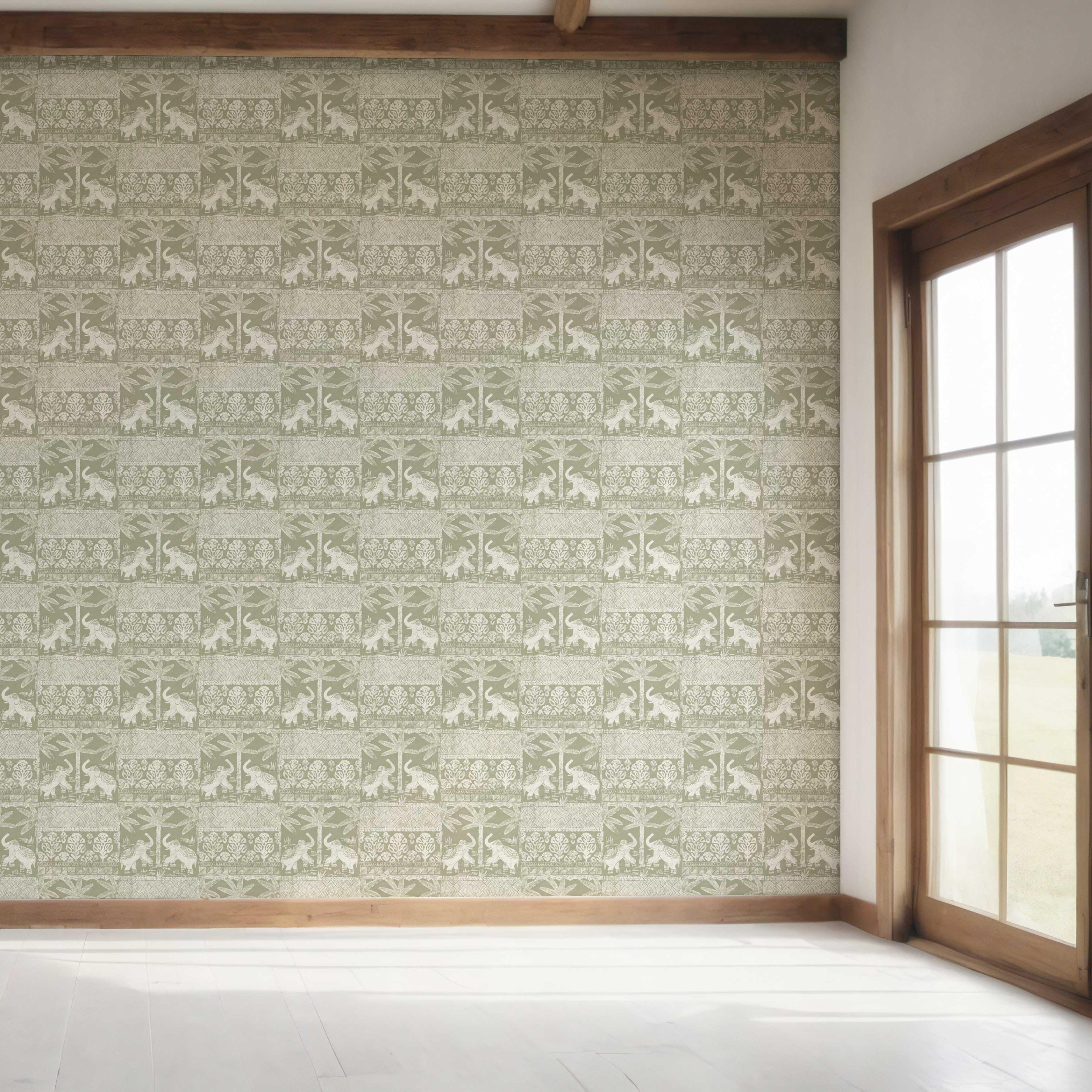 Ethnic/ Heritage Elephants & Animals Print Bedroom Wallpaper Sample (Olive Green/ White)