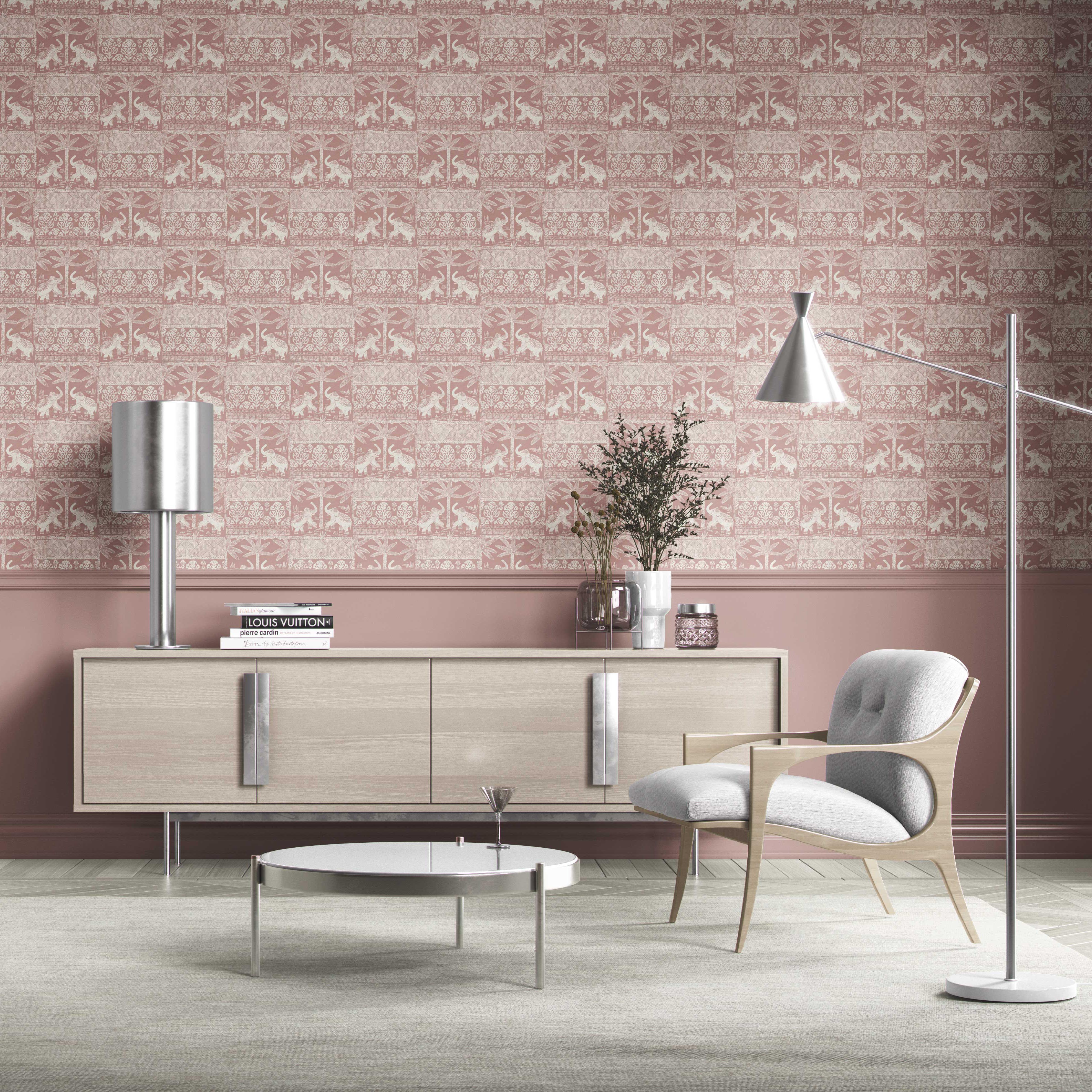 Ethnic/ Heritage Elephants & Animals Print Kitchen Wallpaper (Pink/ White)