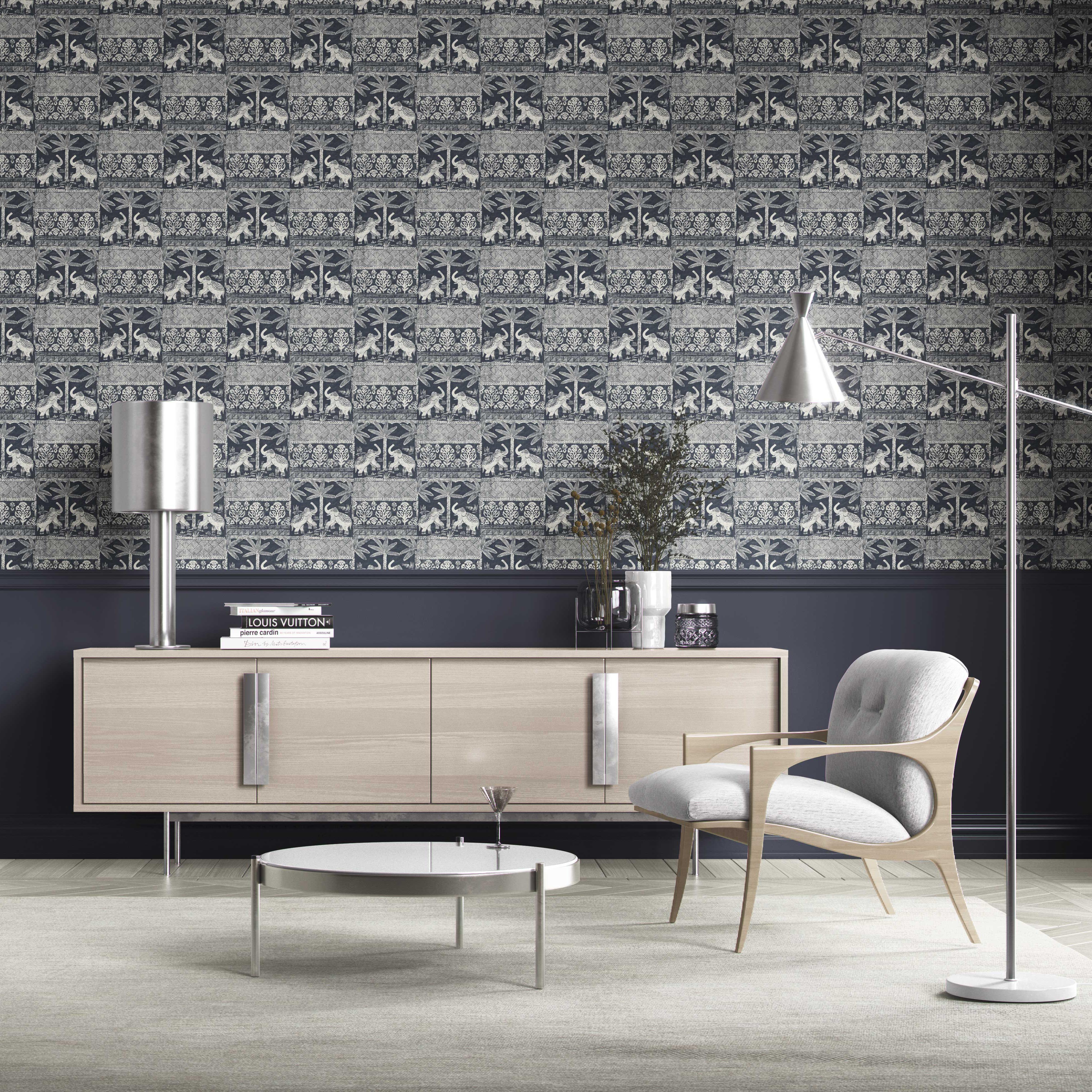 Ethnic/ Heritage Elephants & Animals Print Kitchen Wallpaper Sample (Navy Blue/ White)