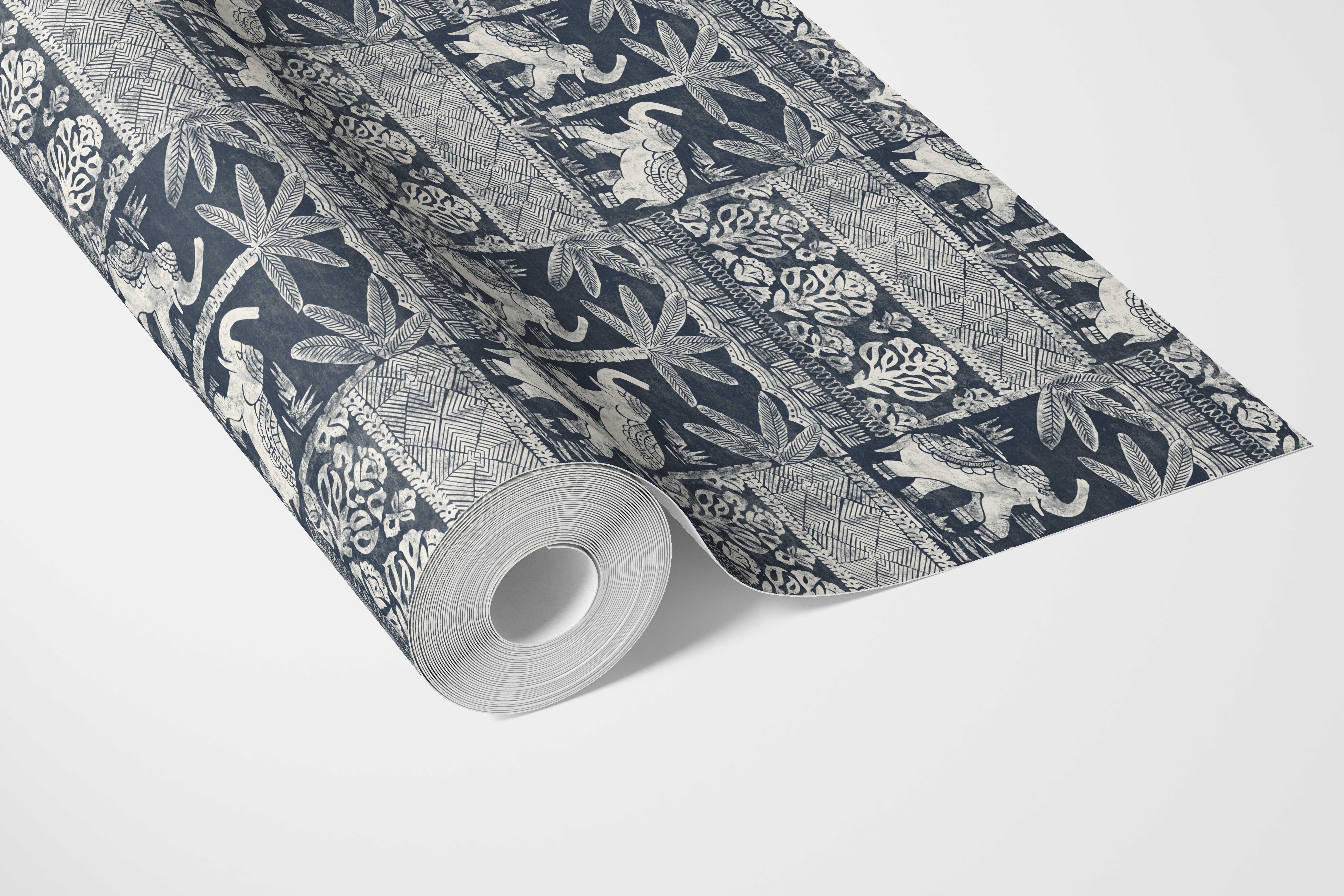 Ethnic/ Heritage Elephants & Animals Print Bathroom Wallpaper (Navy Blue/ White)