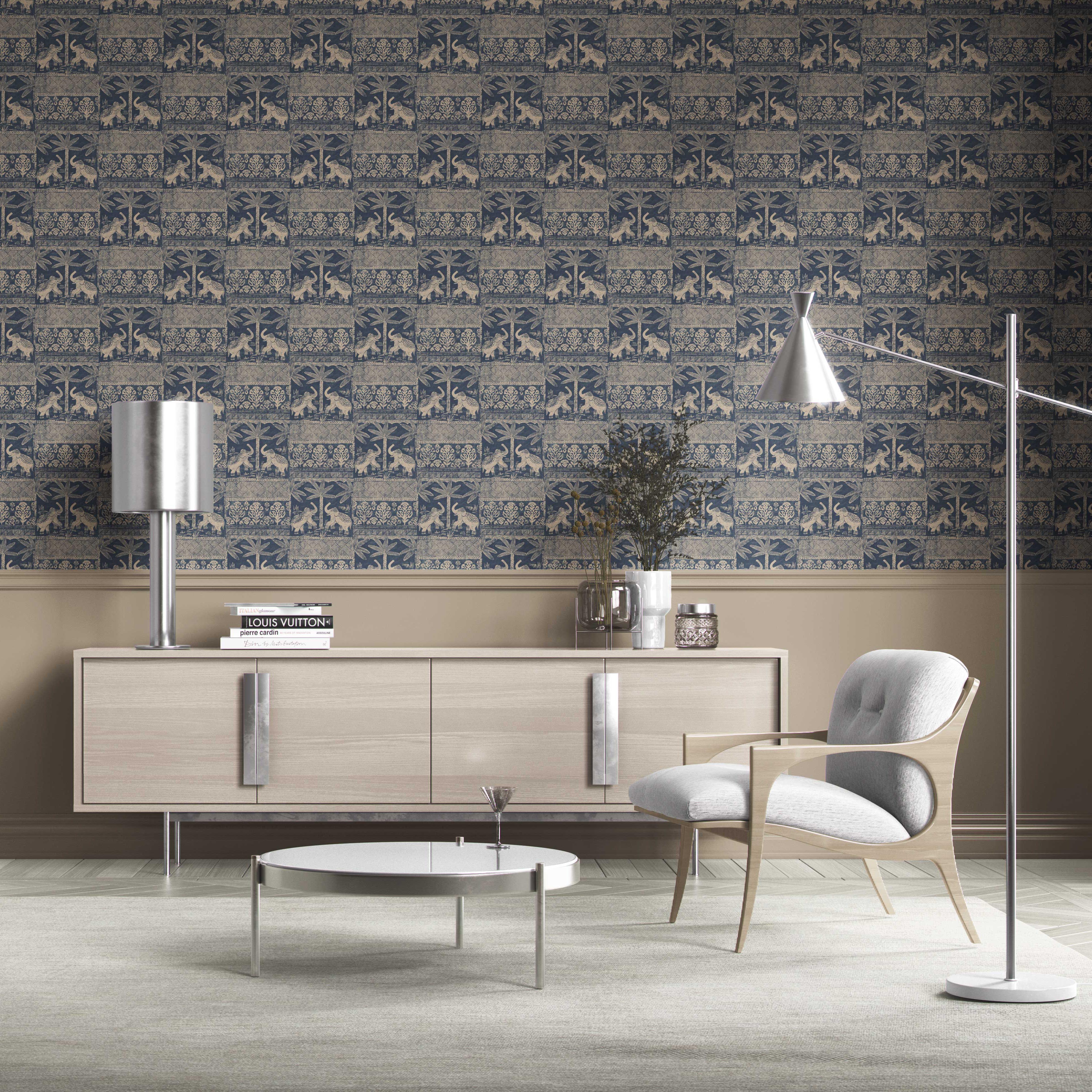 Ethnic/ Heritage Elephants & Animals Print Kitchen Wallpaper (Smoky Blue/ Beige)