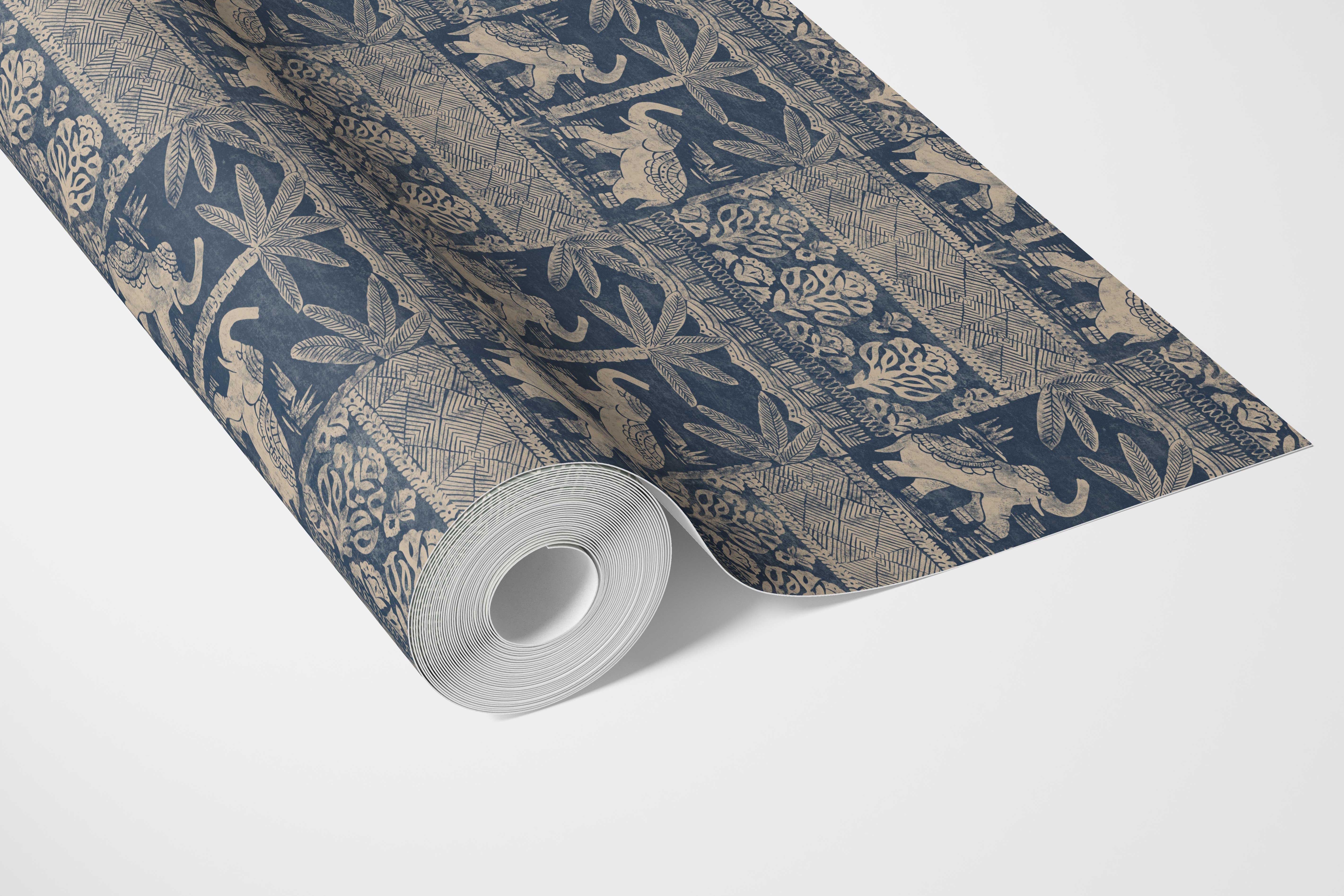 Ethnic/ Heritage Elephants & Animals Print Bathroom Wallpaper (Smoky Blue/ Beige)