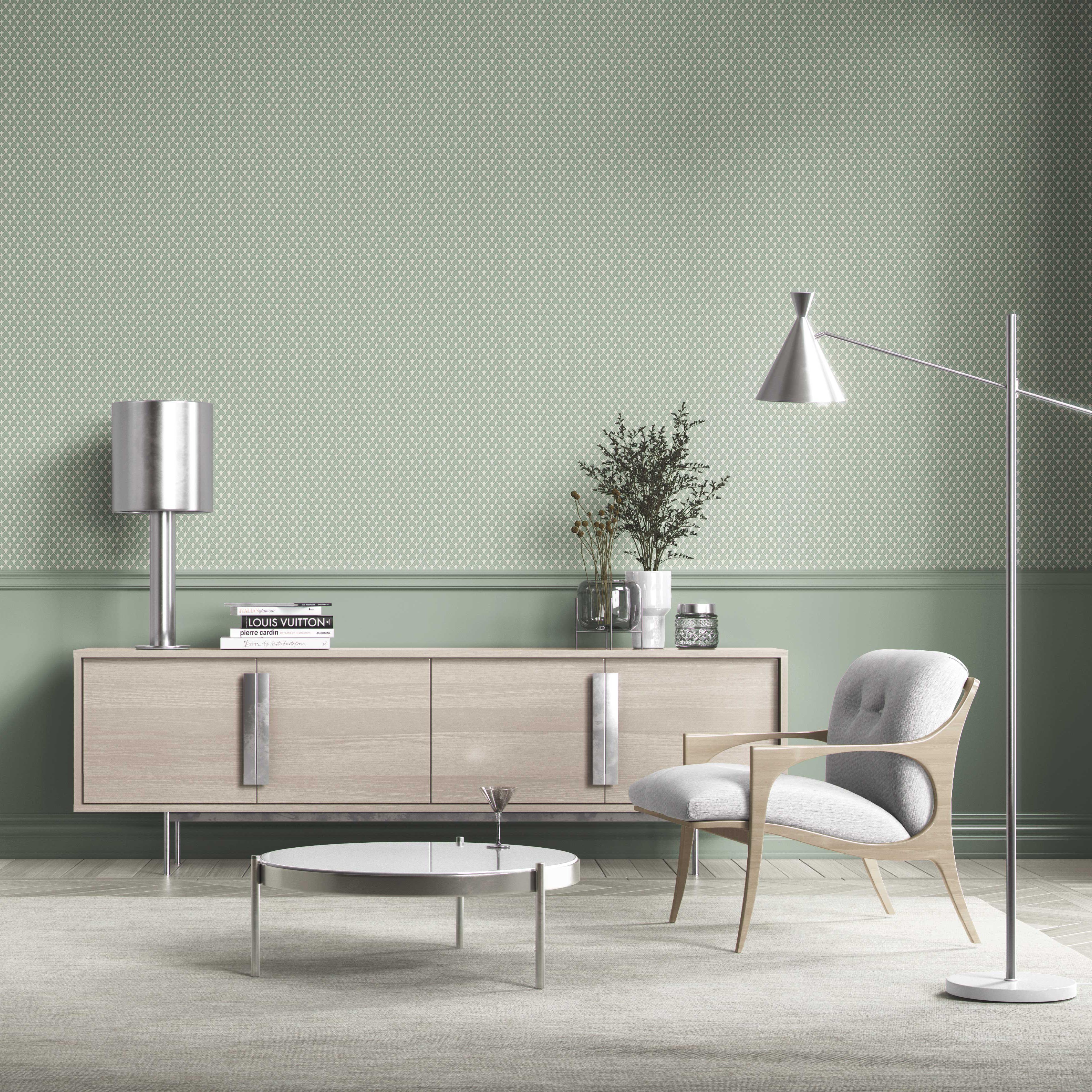 Small-Scale Geometric Print Bathroom Wallpaper (Sage Green/ White)