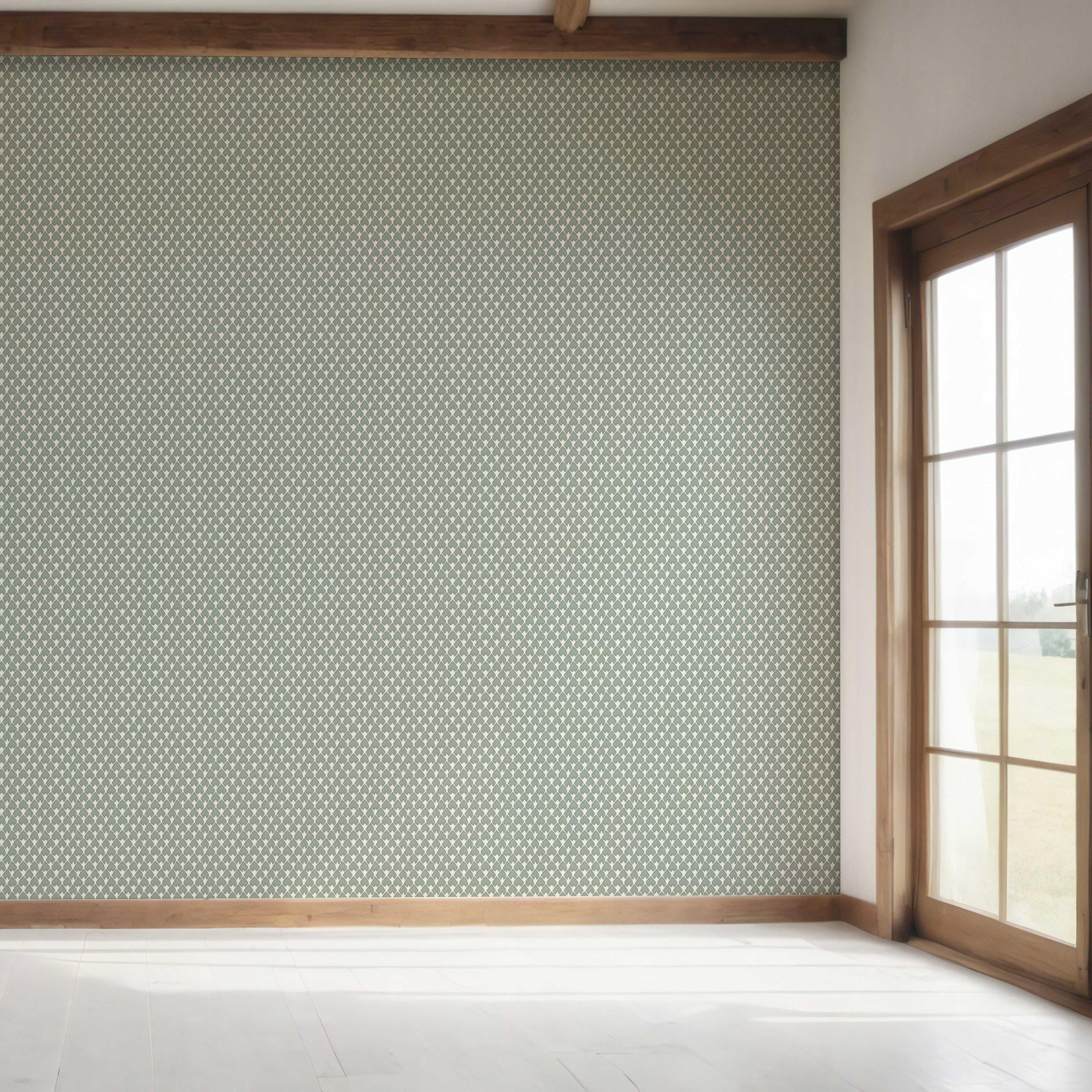 Neutral-Toned Small-Scale Geometric Print Bedroom Wallpaper (Gray-Green/ White)