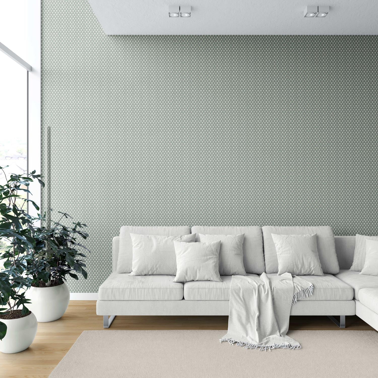 Neutral-Toned Small-Scale Geometric Print Shower Toilet Wallpaper Sample (Gray-Green/ White)