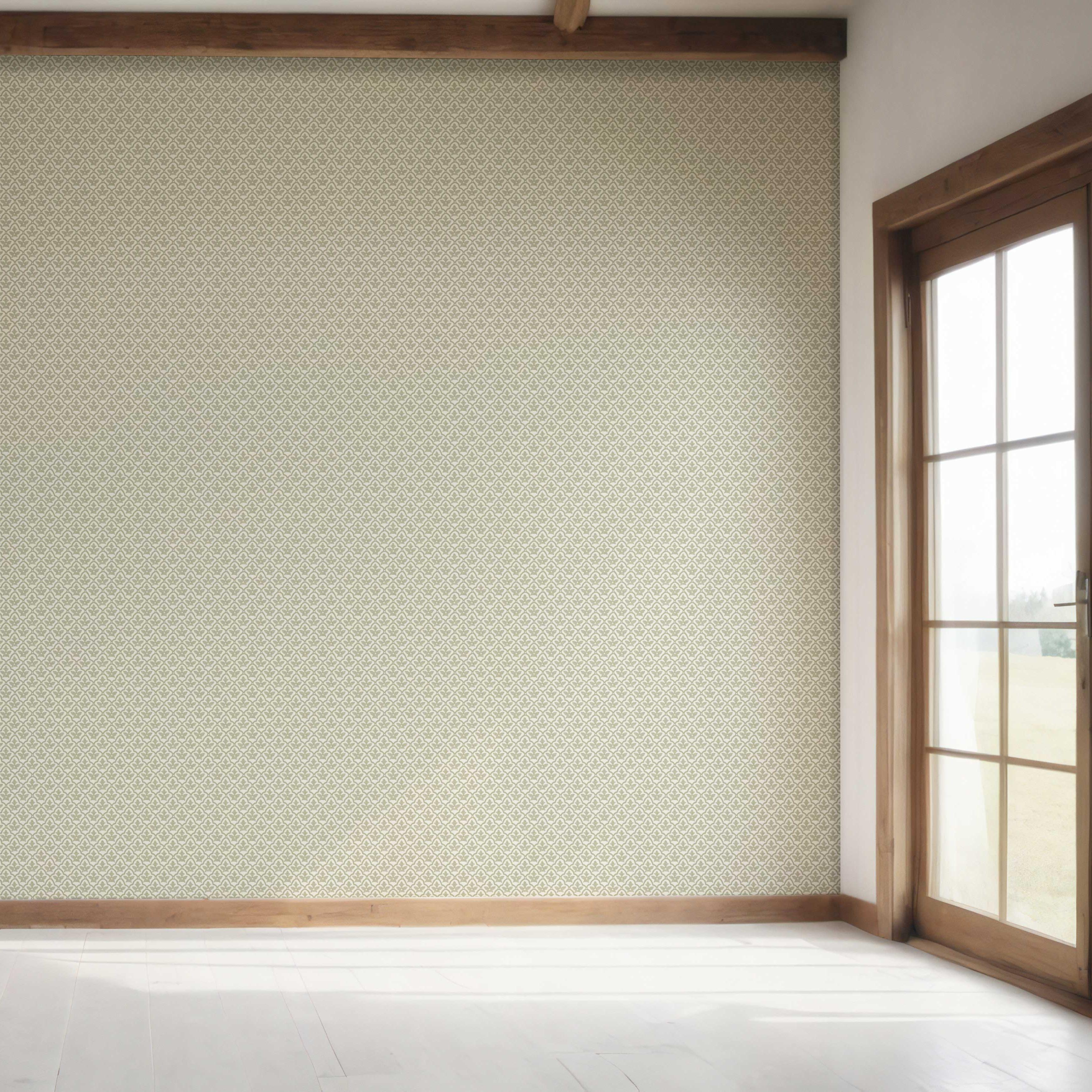 Small-Scale Floral Lattice Bedroom Wallpaper (Green/ White)