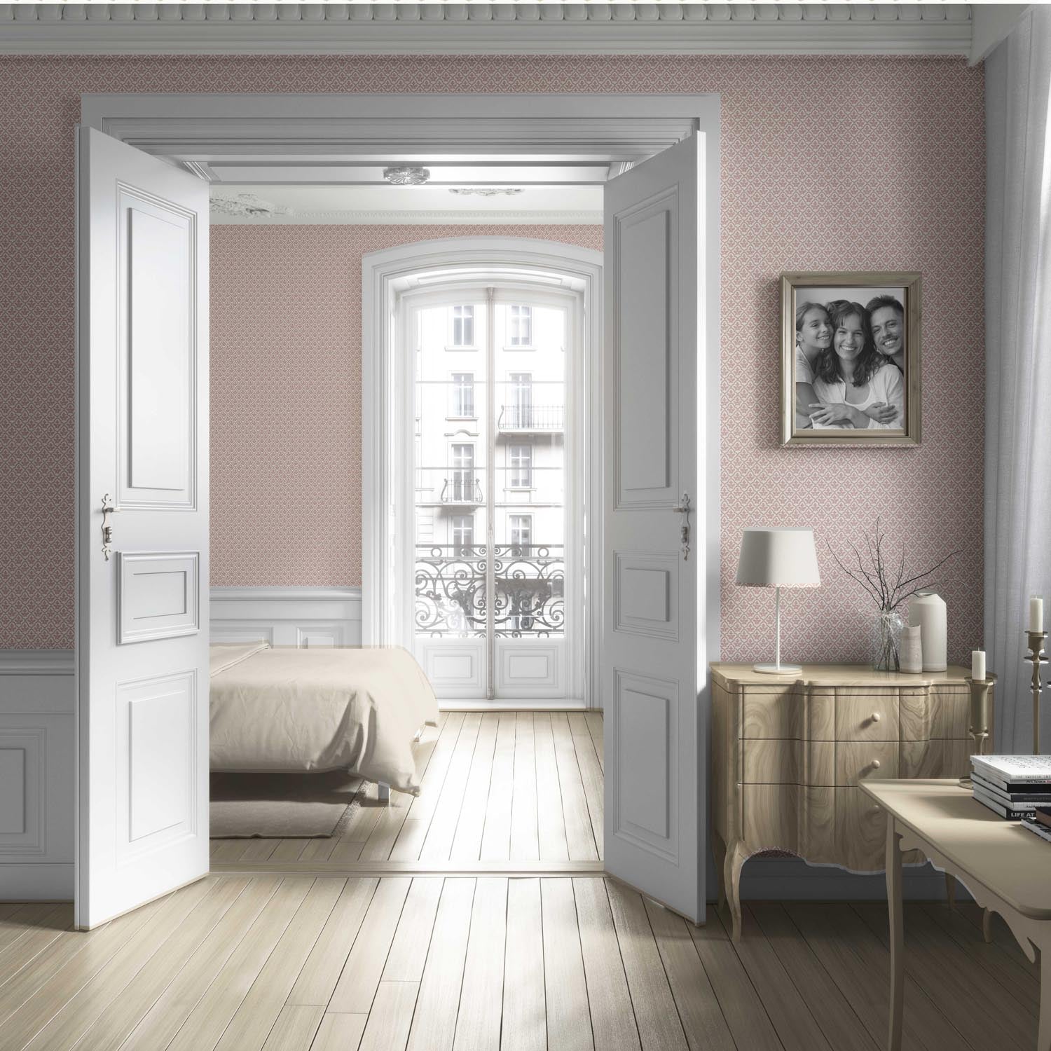 Small-Scale Floral Lattice Living Room Wallpaper (Pink/ White)