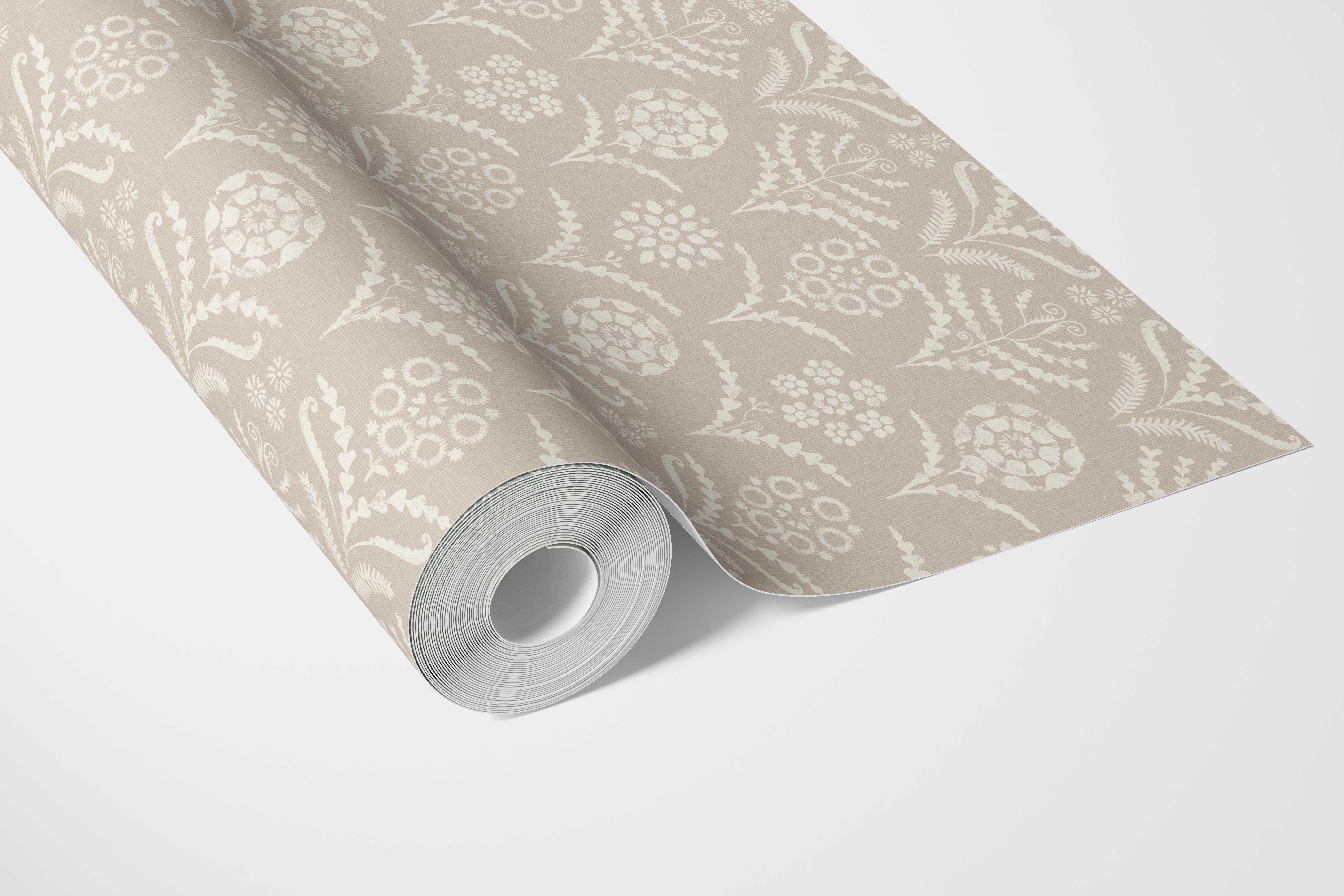 Modern Neural-Toned Floral/ Botanical Bathroom Wallpaper Sample (Beige/ White)