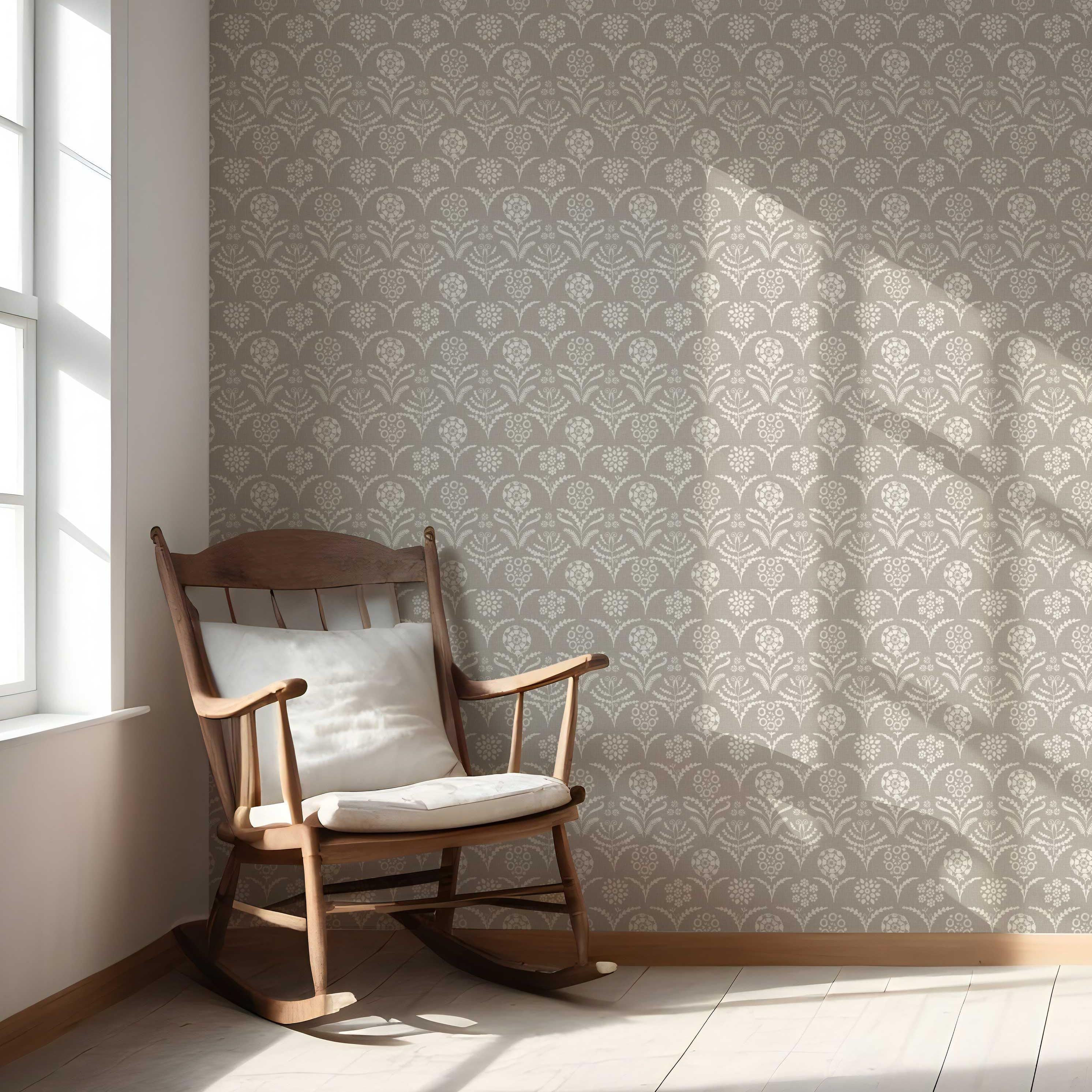 Modern Neural-Toned Floral/ Botanical Nursery Wallpaper Sample (Warm Gray/ Greige/ White)