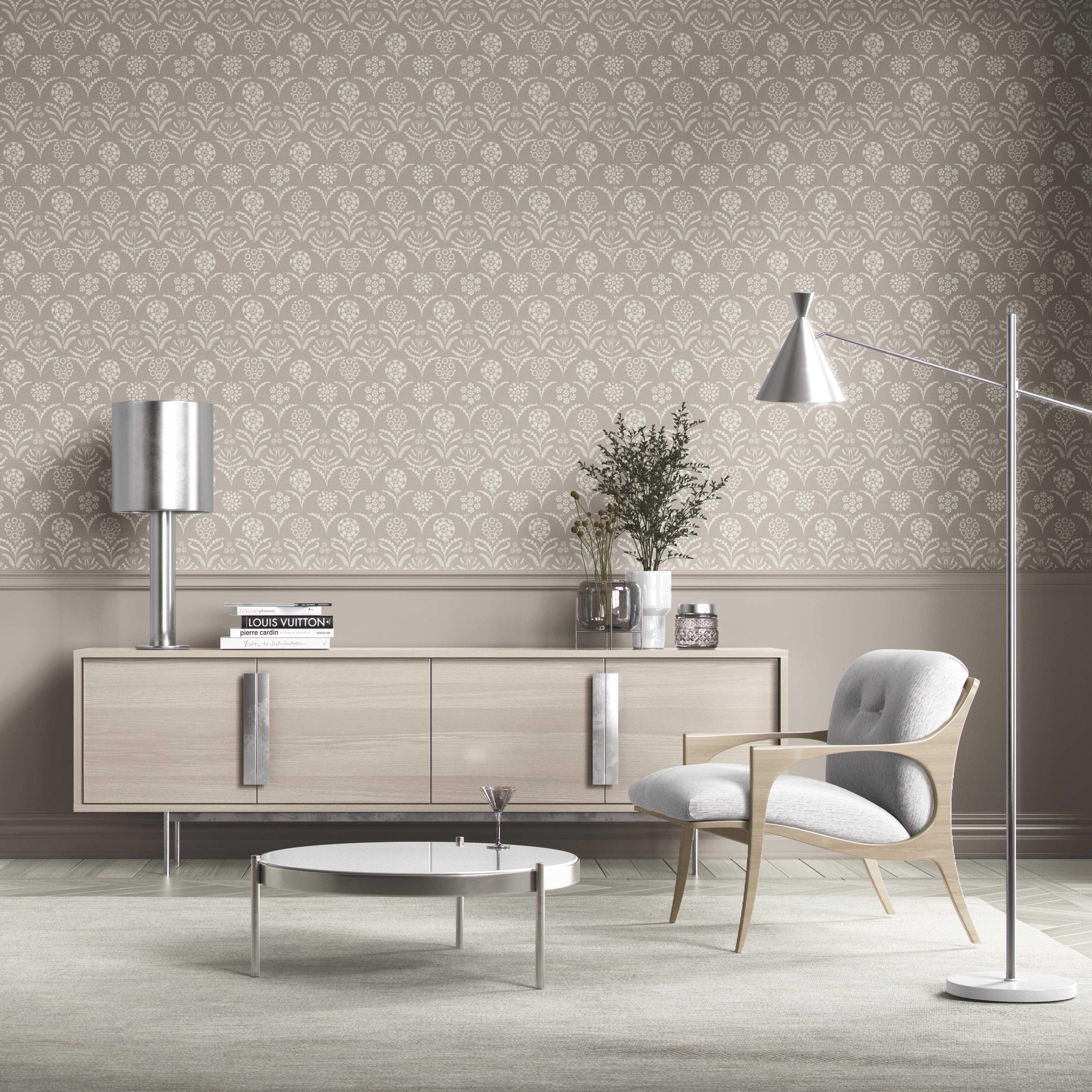 Modern Neural-Toned Floral/ Botanical Kitchen Wallpaper Sample (Warm Gray/ Greige/ White)