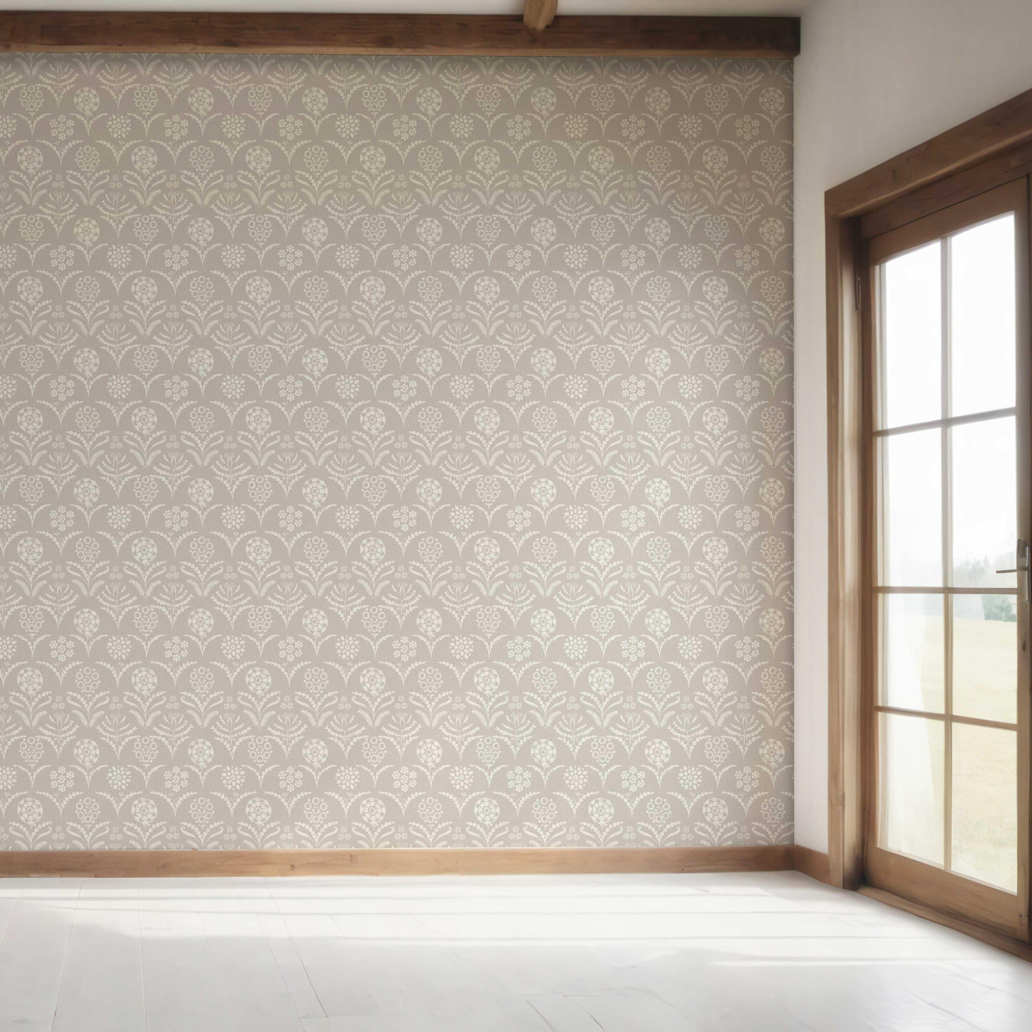 Modern Neural-Toned Floral/ Botanical Bedroom Wallpaper Sample (Gray/ Soft Taupe)