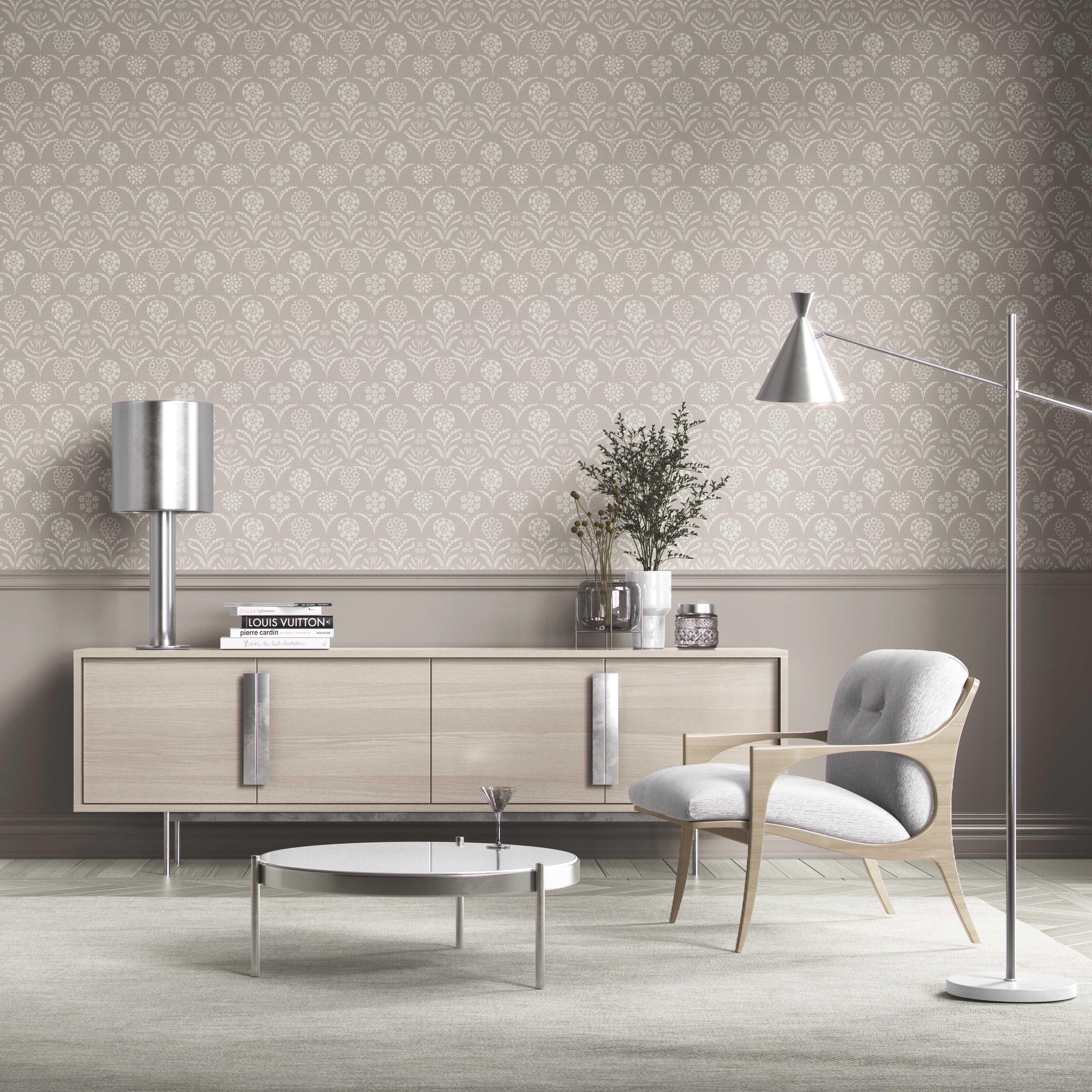 Modern Neural-Toned Floral/ Botanical Kitchen Wallpaper Sample (Gray/ Soft Taupe)