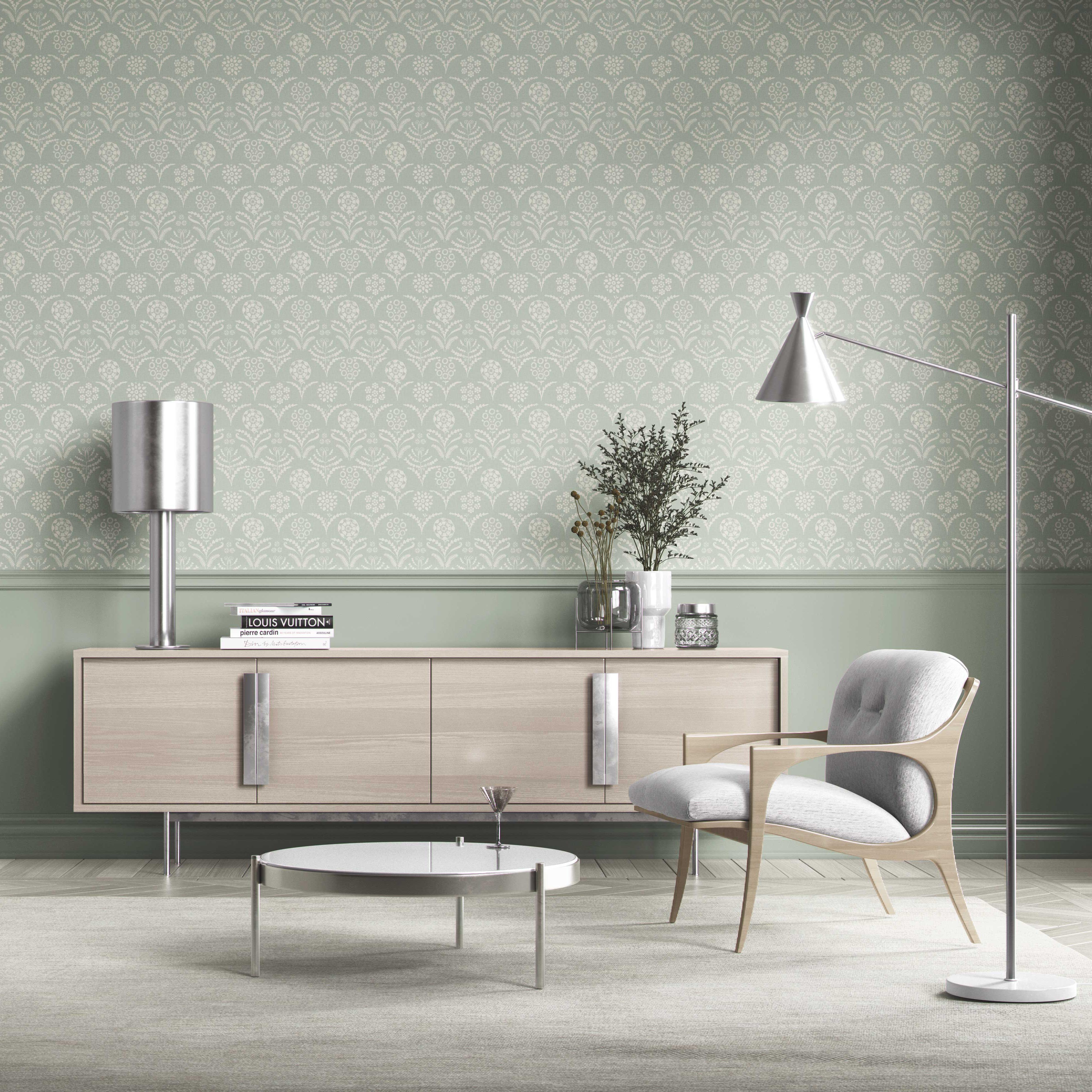 Modern Floral Botanical Kitchen Wallpaper (Pastel Blue)