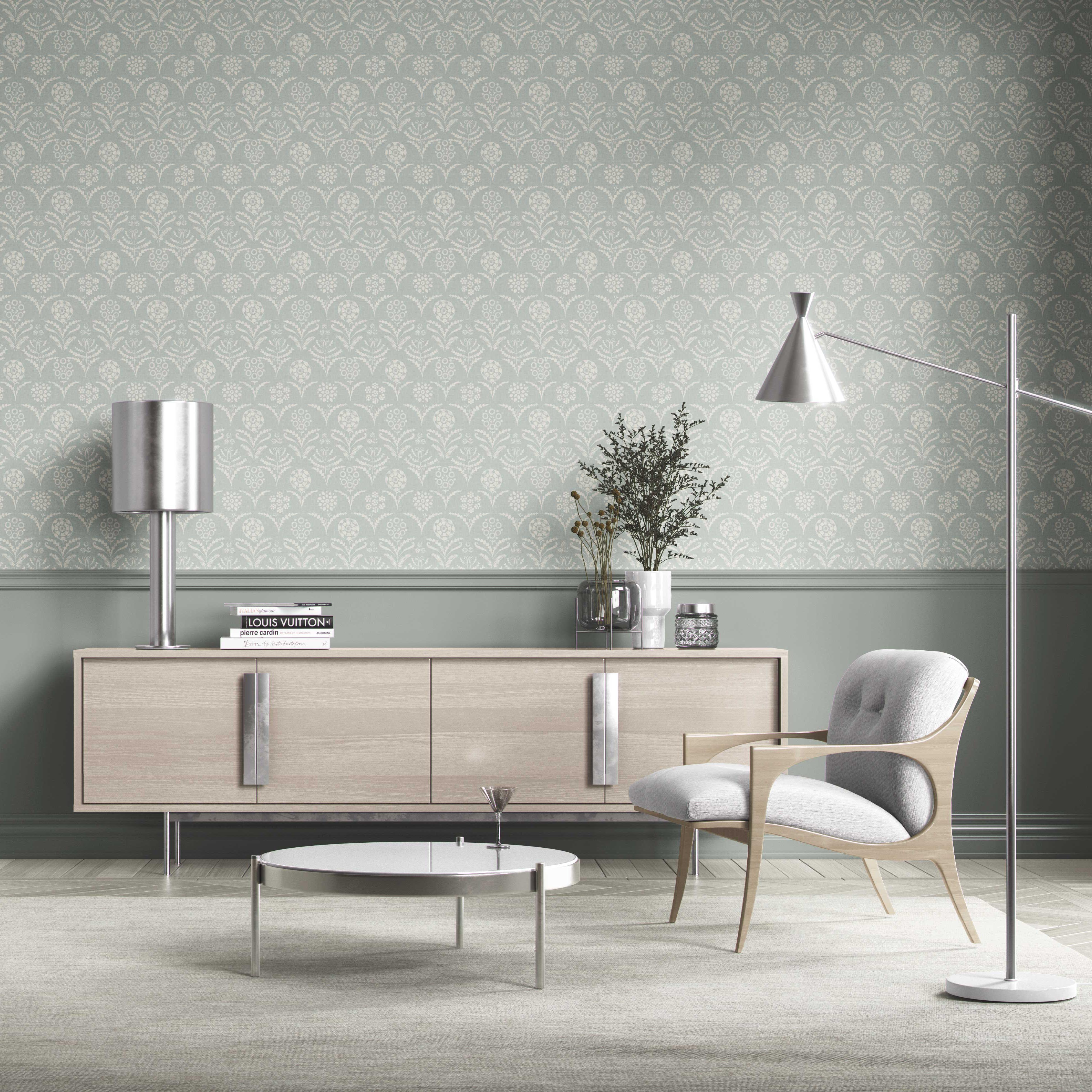 Modern Floral Botanical Nursery Wallpaper (Duck Egg Blue/ White)
