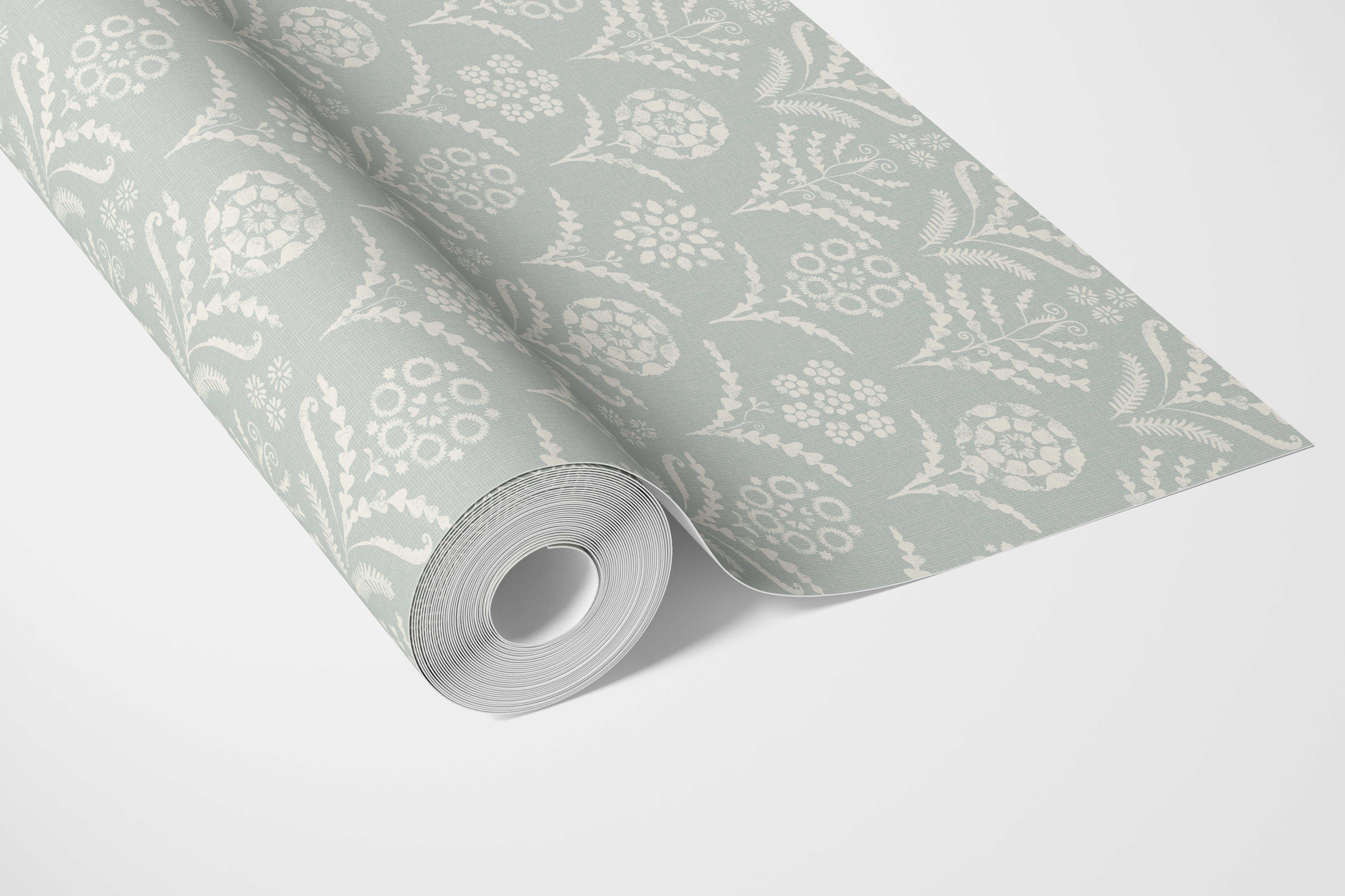 Modern Floral Botanical Bathroom Wallpaper Sample (Duck Egg Blue/ White)
