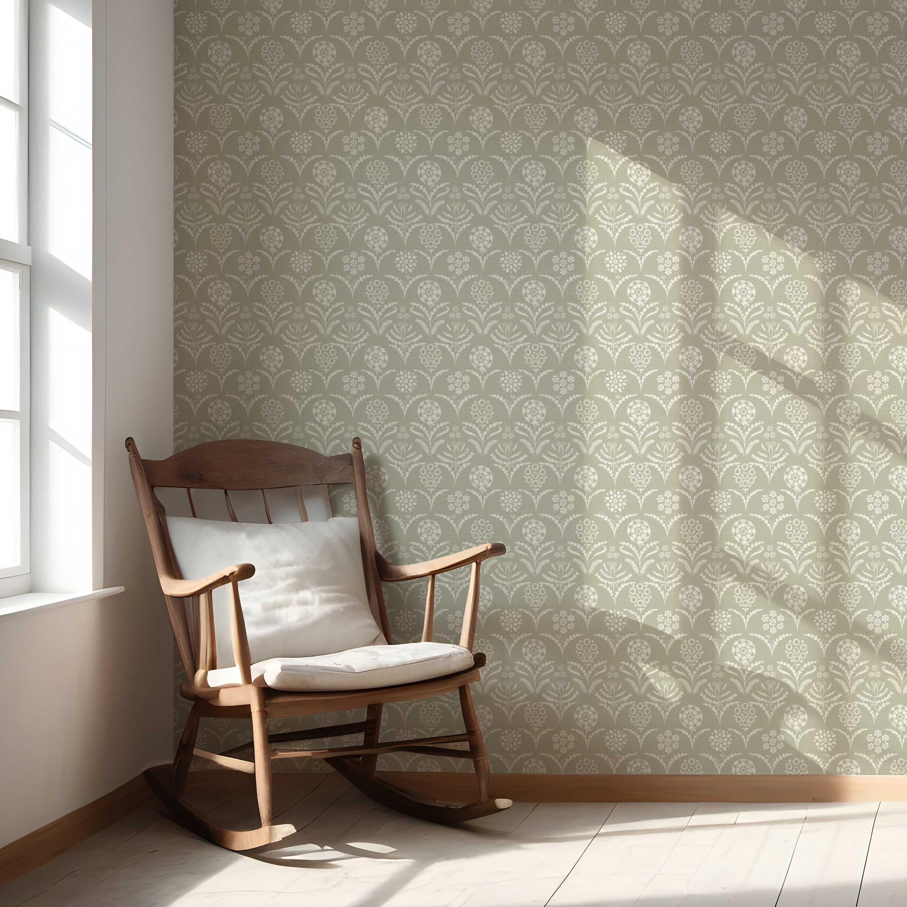 Modern Floral Botanical Nursery Wallpaper Sample (Light Olive Green)