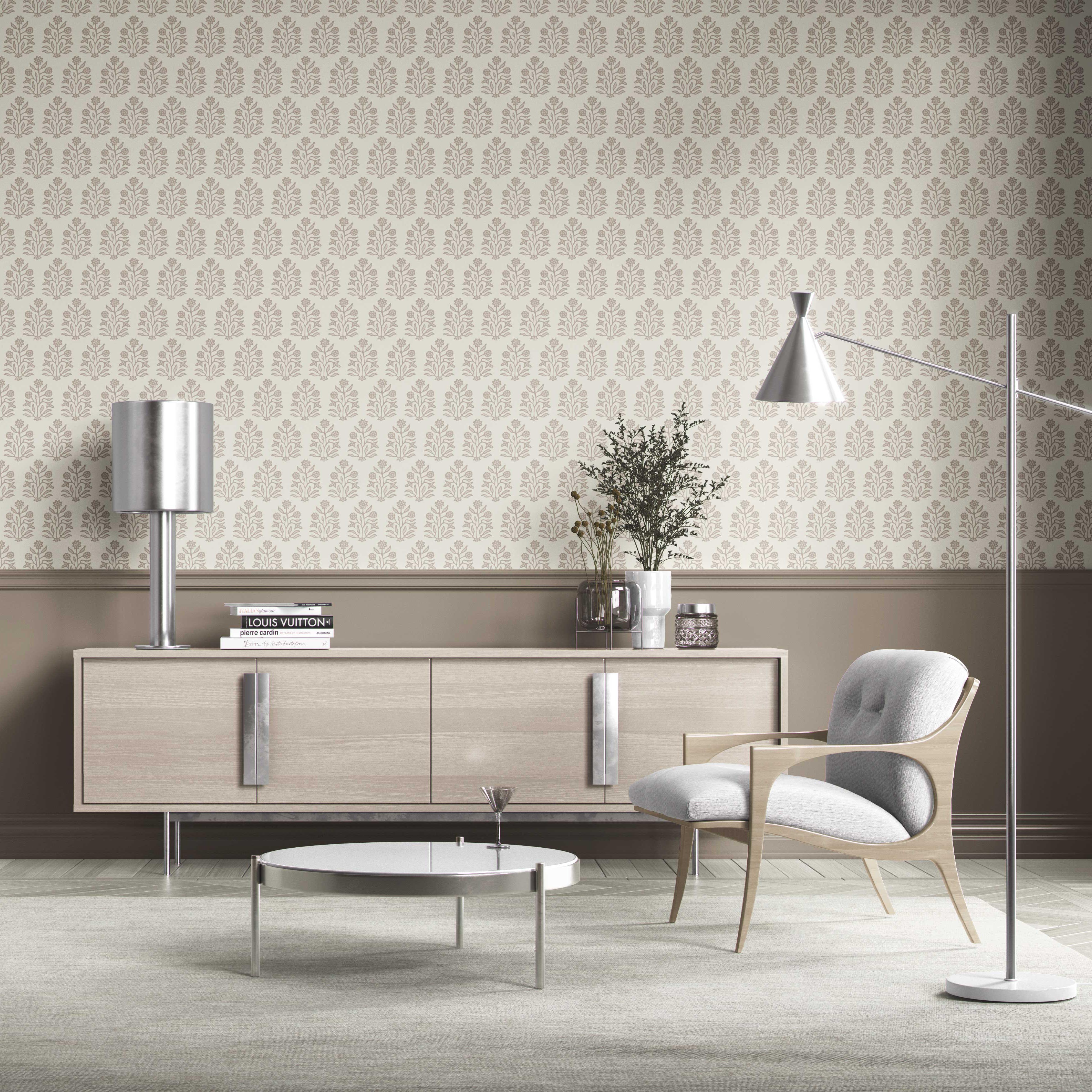 Vintage-Inspired Floral Block Print Kitchen Wallpaper Sample (Cream/ Beige/ Greige)