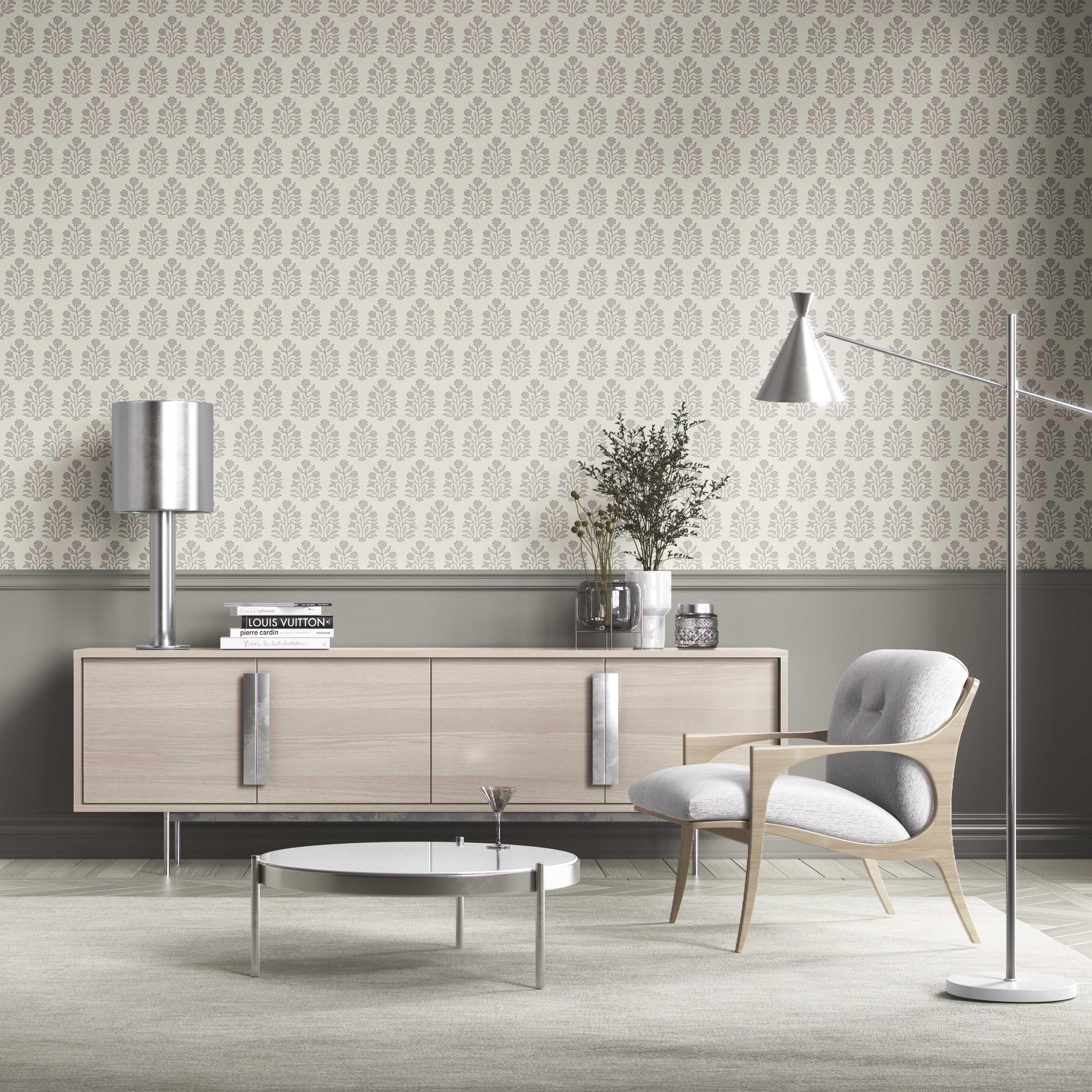 Neutral-Toned Botanical Floral Block Print Kitchen Wallpaper (Cream/ Gray/ Greige)
