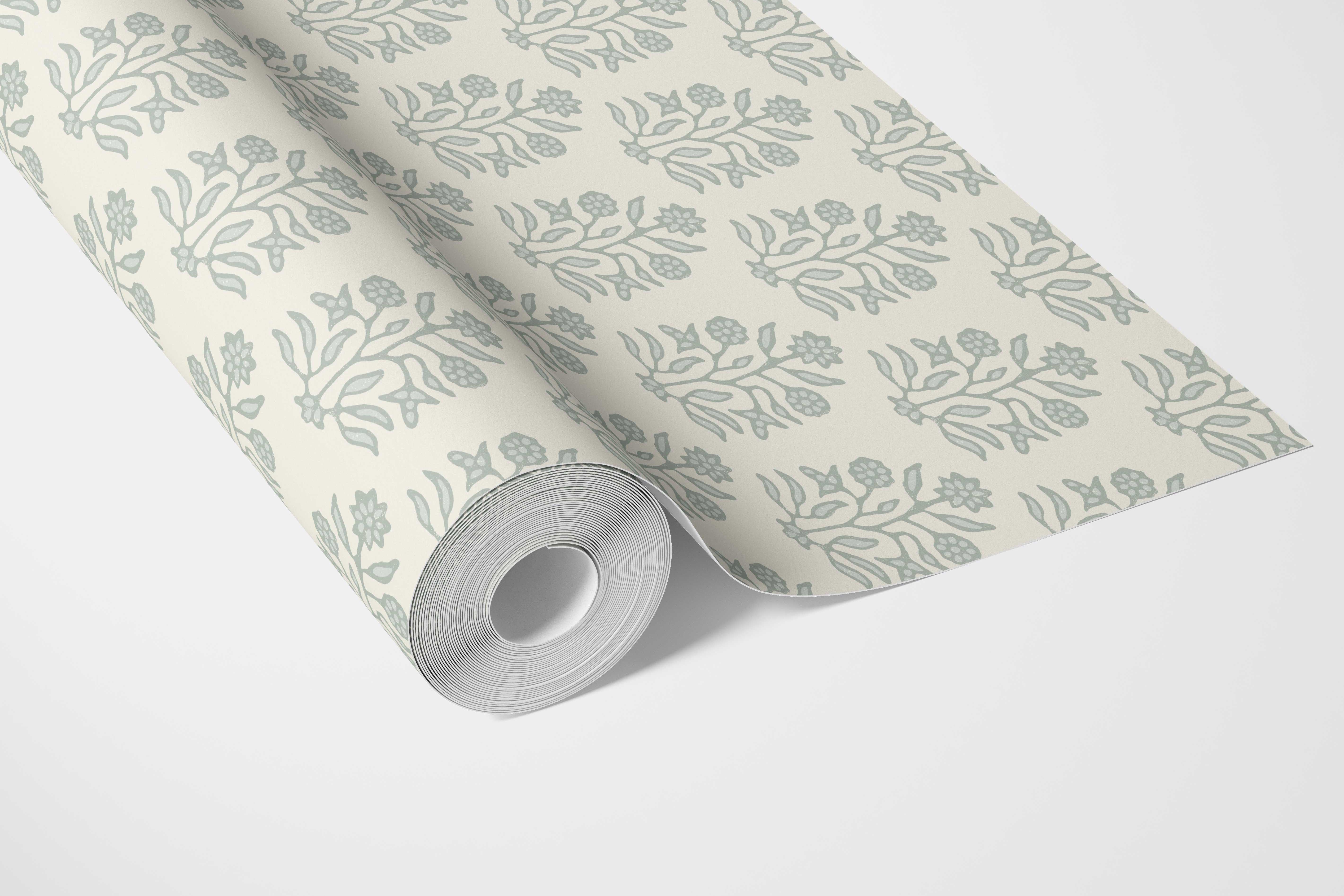 Vintage-Inspired Floral Block Print Bathroom Wallpaper Sample (Cream/ Sage Green)