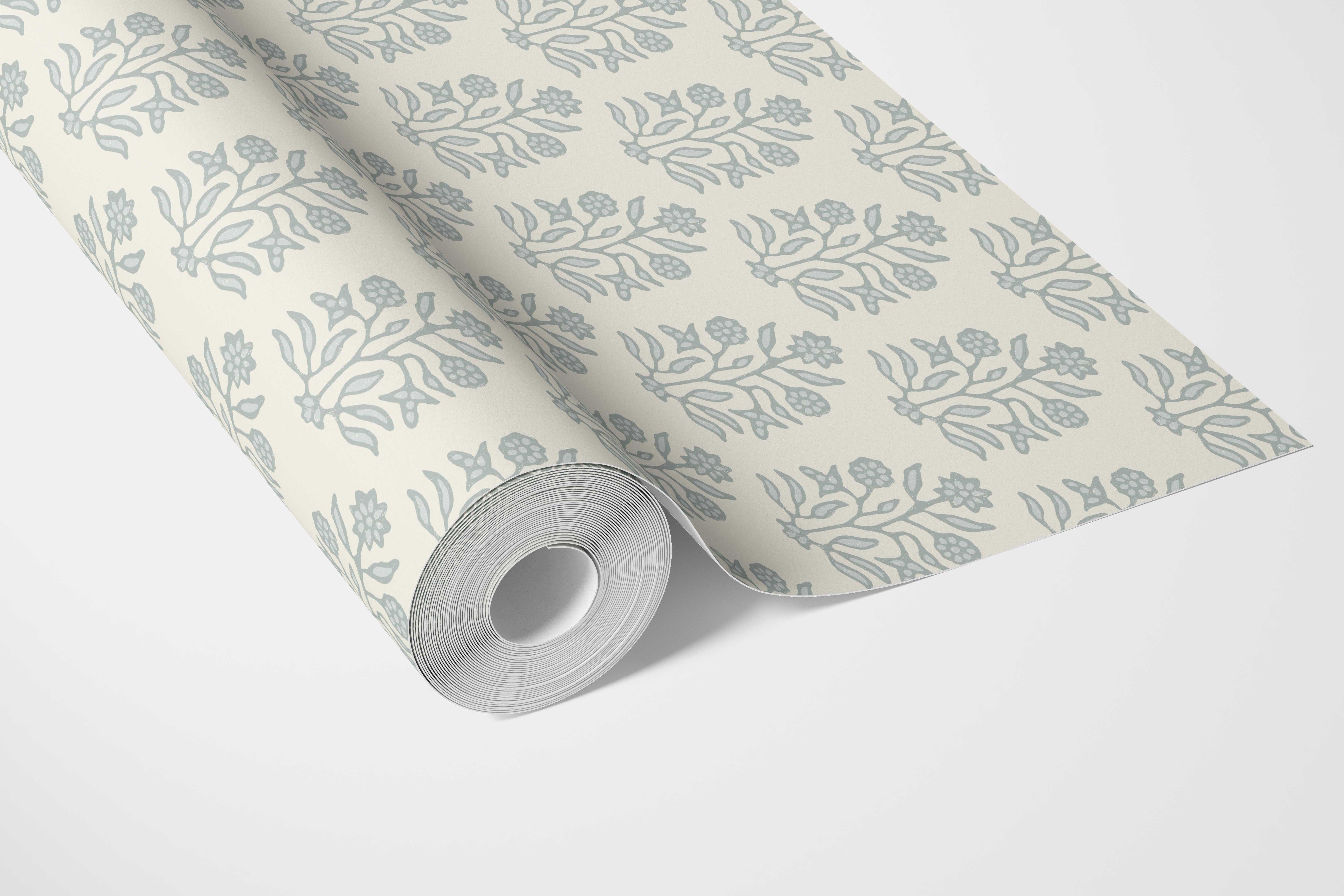 Vintage-Inspired Floral Block Print Bathroom Wallpaper (Cream/ Blue-Green)