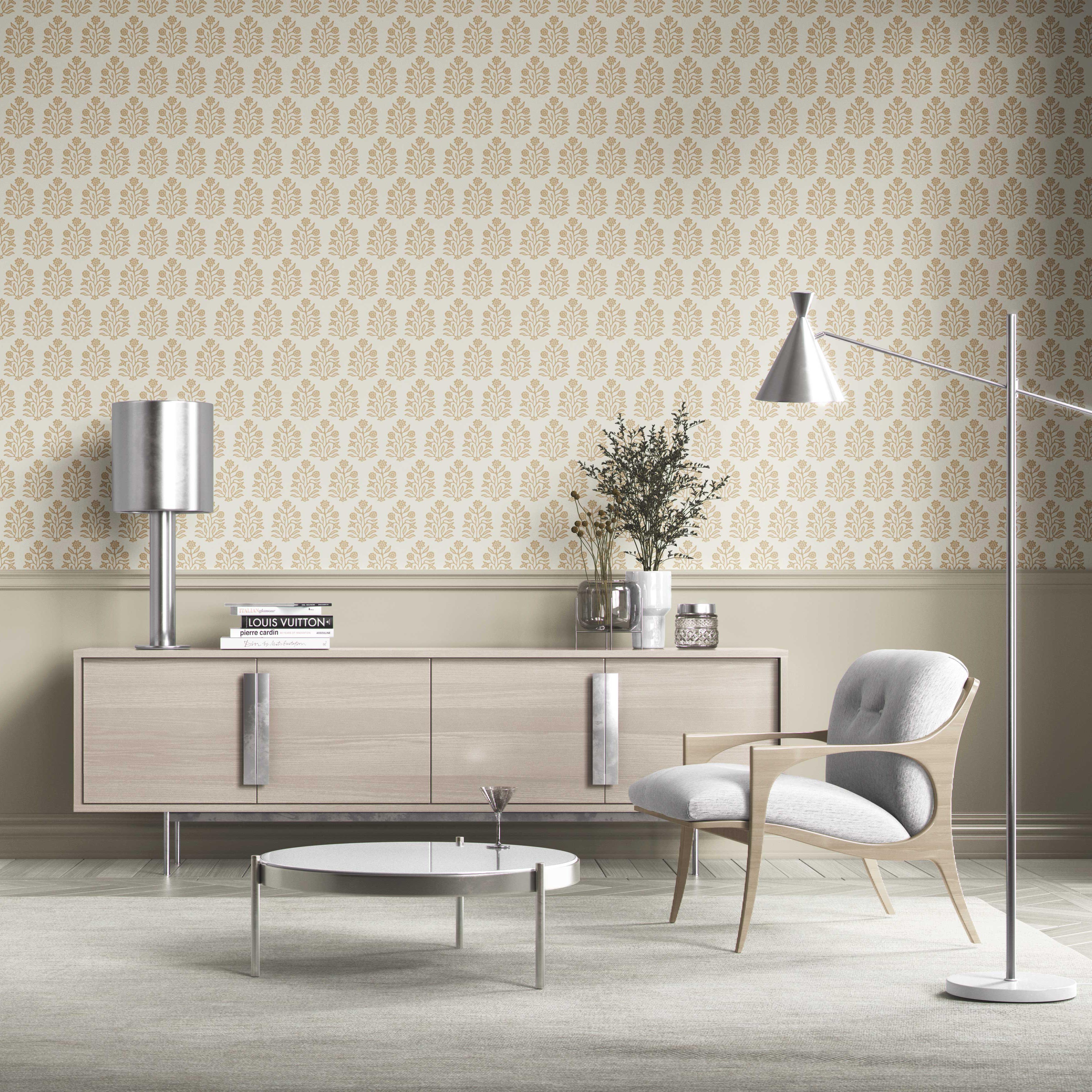 Neutral-Toned Botanical Floral Block Print Kitchen Wallpaper Sample (Yellow/ Cream)