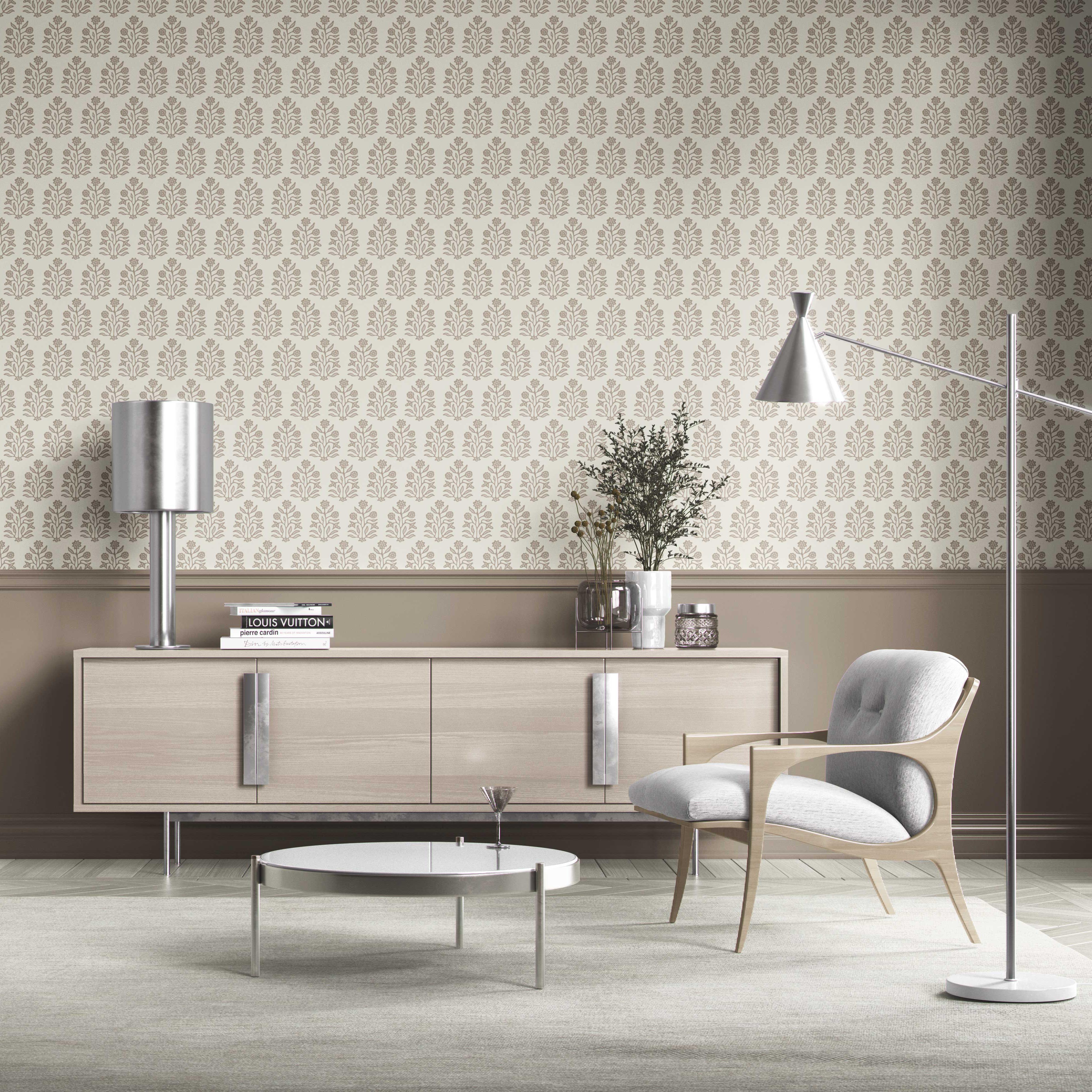 Neutral-Toned Botanical Floral Block Print Kitchen Wallpaper Sample (Brown/ Beige/ Cream)