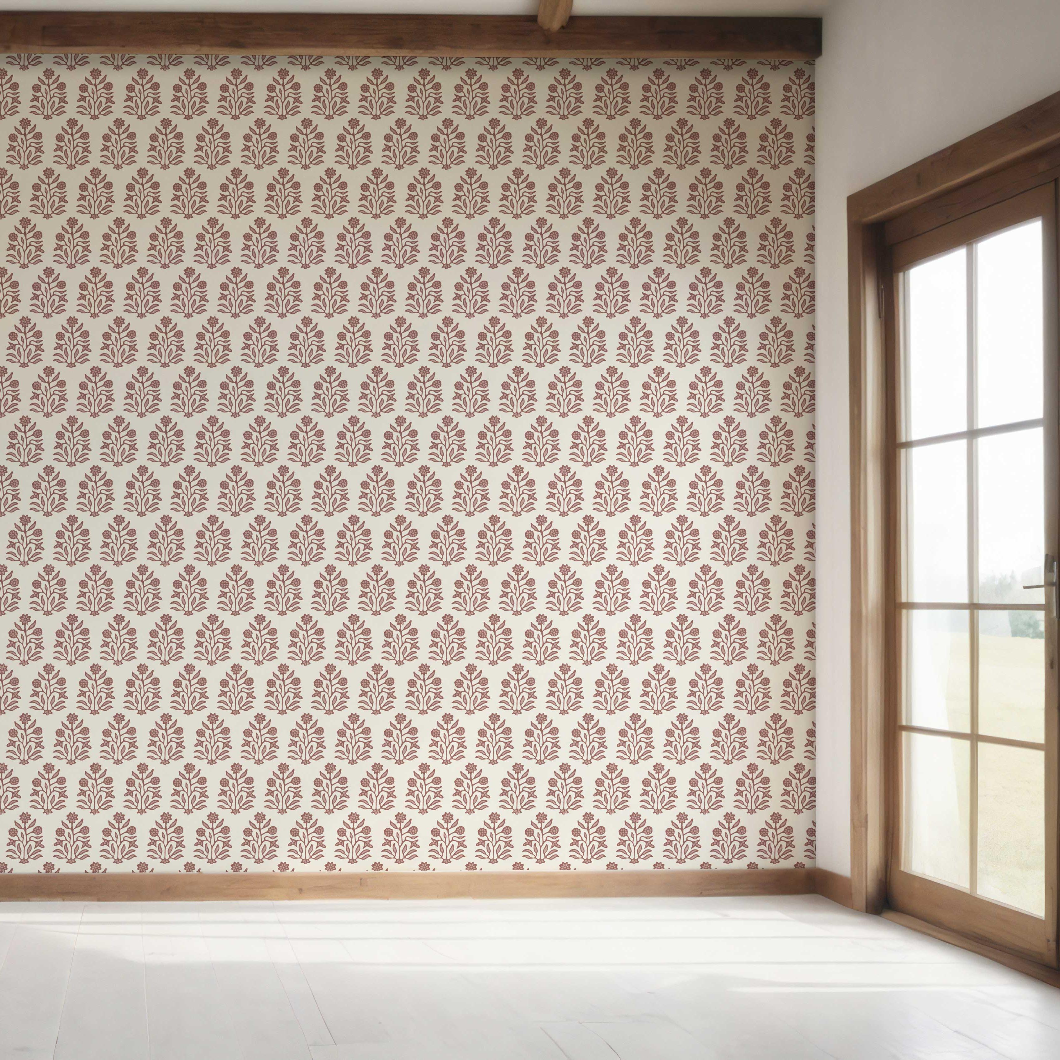 Vintage-Inspired Floral Block Print Bedroom Wallpaper Sample (Mauve Pink/ Cream)