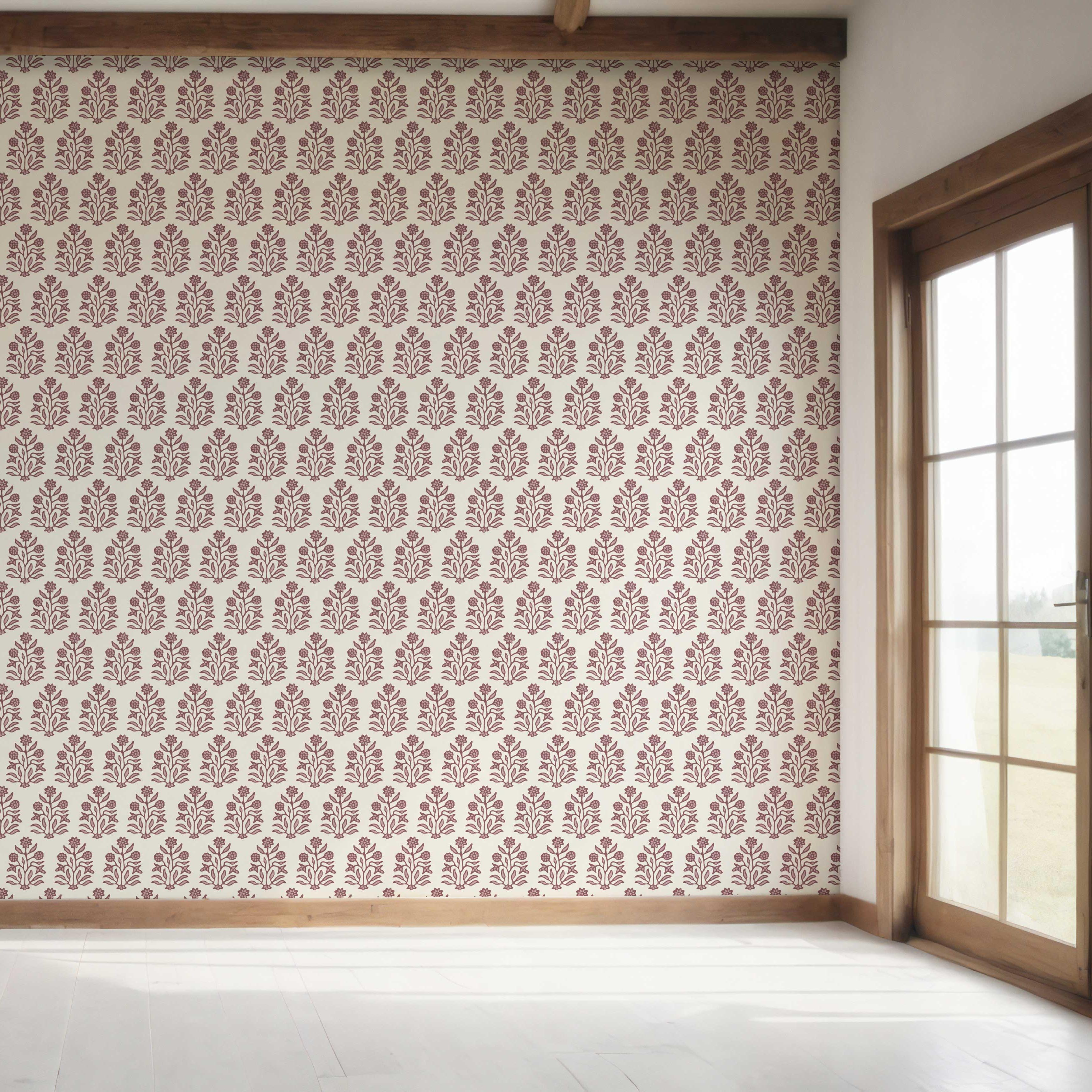 Vintage-Inspired Floral Block Print Bedroom Wallpaper (Deep Pink/ Cream)