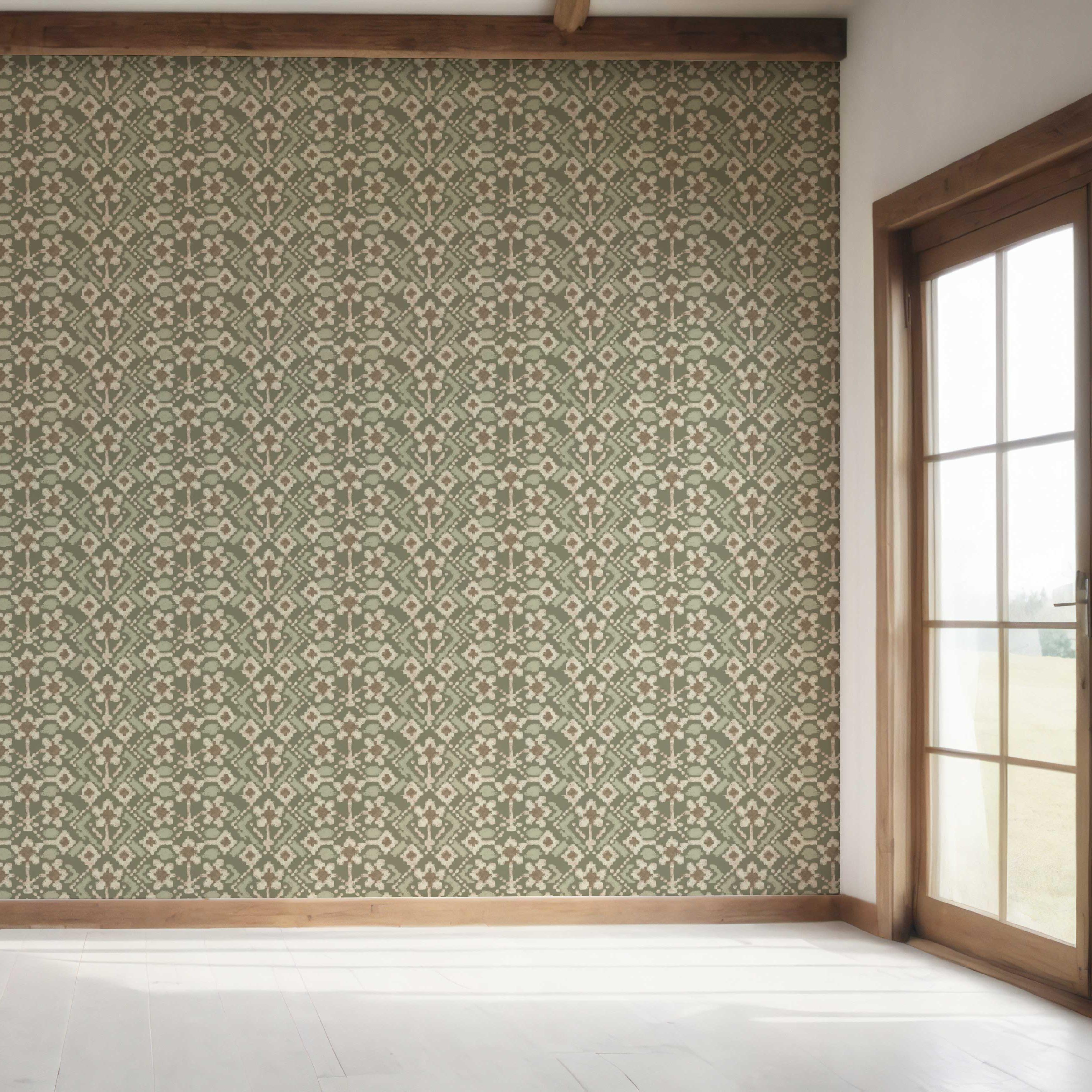 Modern Botanical Floral Bedroom Wallpaper Sample (Olive Green/ Beige)