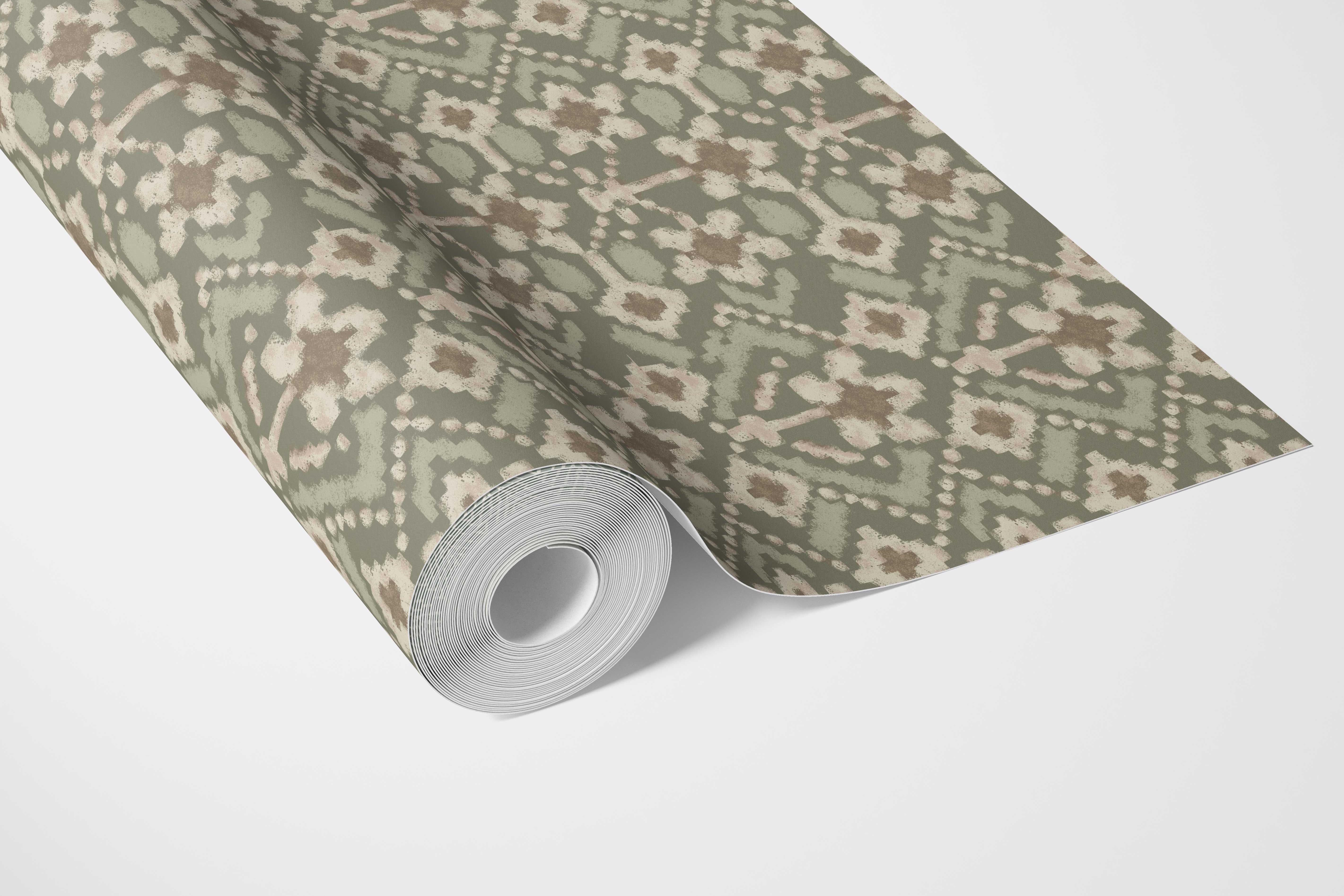 Modern Botanical Floral Bathroom Wallpaper Sample (Olive Green/ Beige)