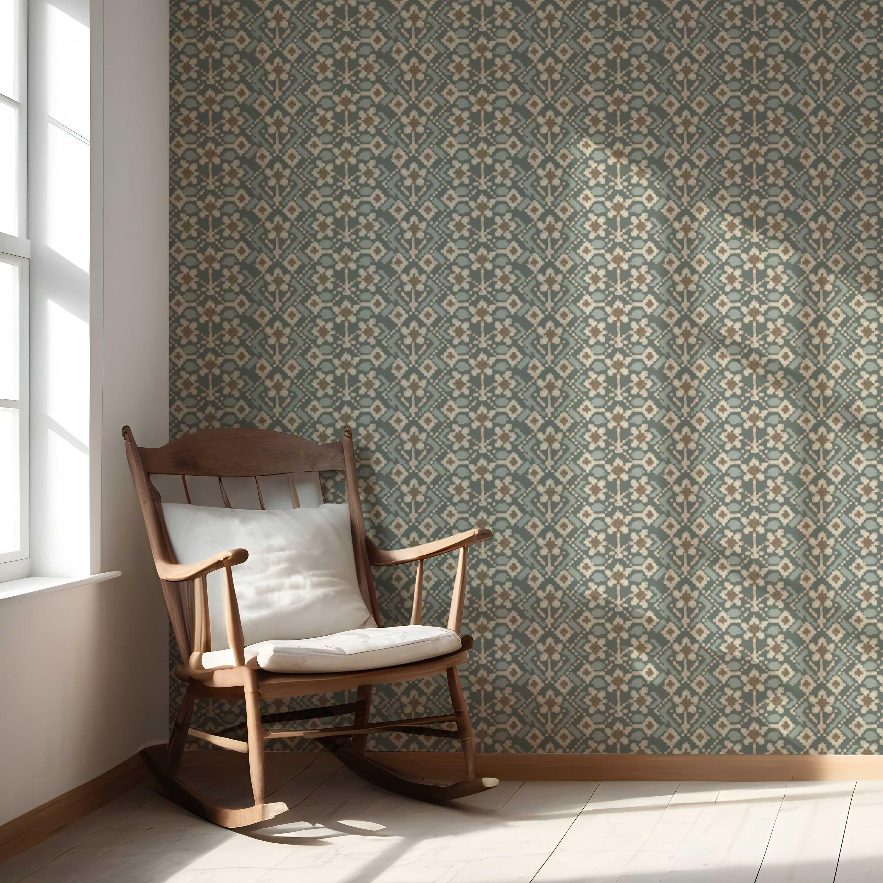 Modern Botanical Floral Nursery Wallpaper Sample (Forest Green / Beige)