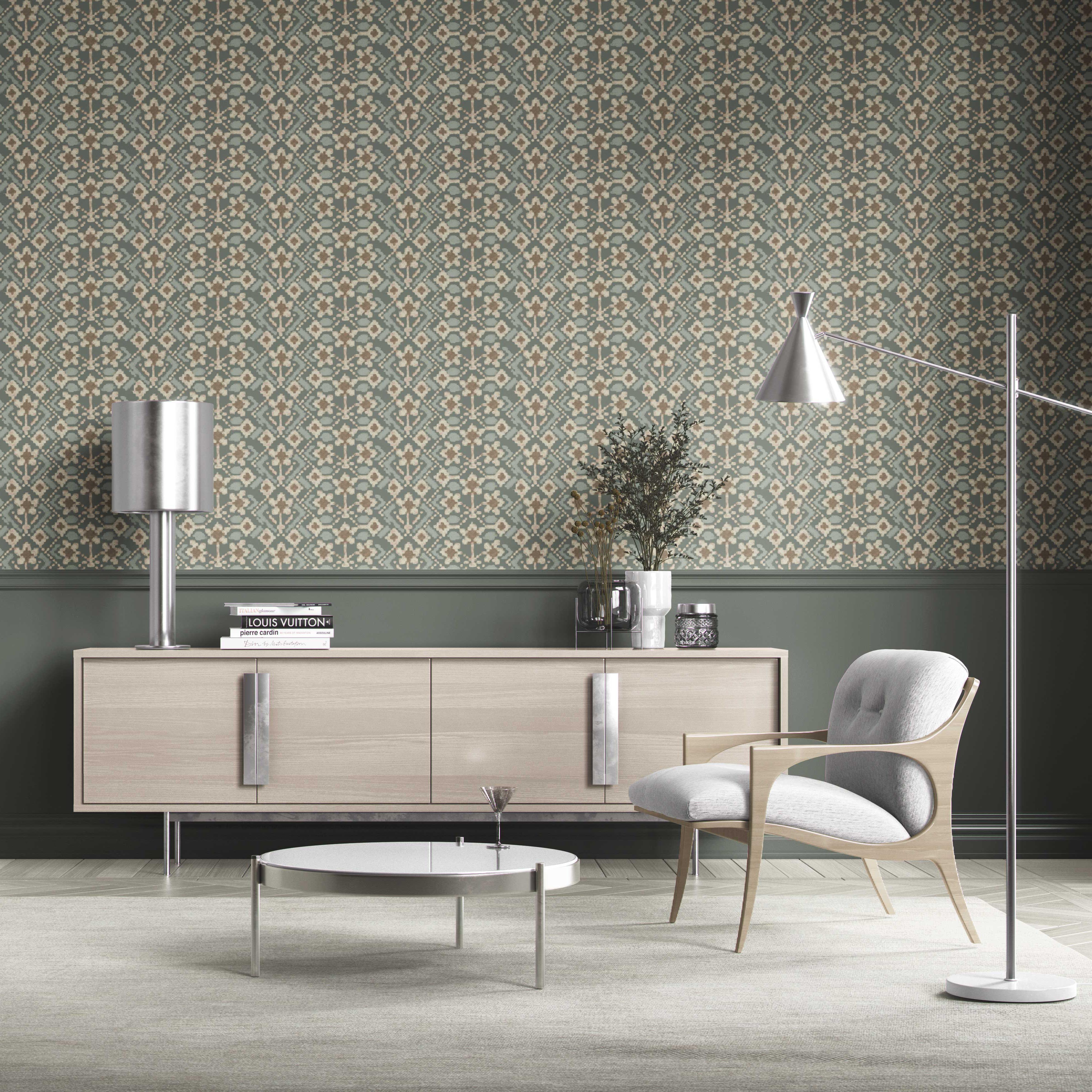 Modern Botanical Floral Kitchen Wallpaper (Forest Green / Beige)