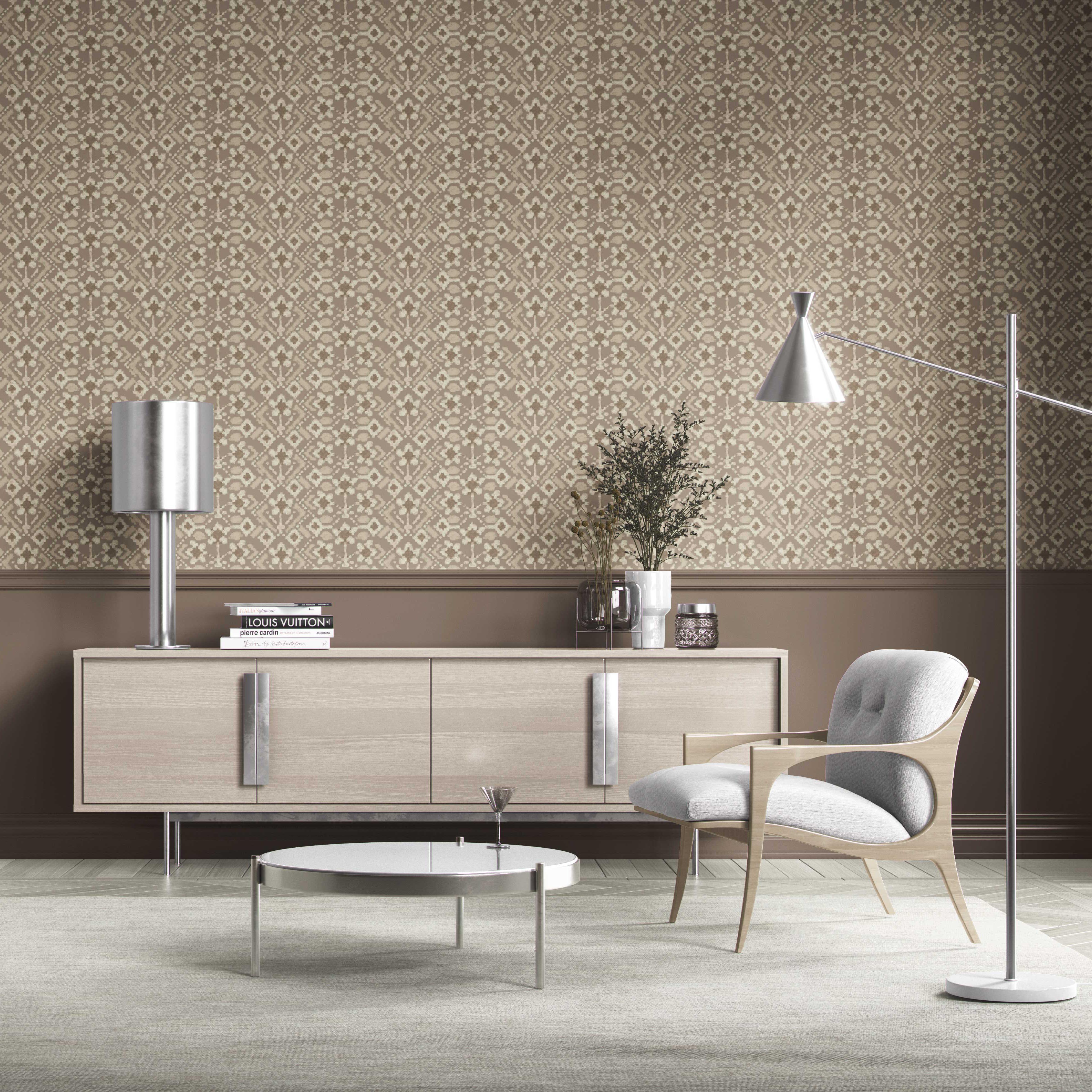 Modern Neutral-Toned Botanical Floral Kitchen Wallpaper Sample (Brown/ Beige/ Cream/ Taupe )