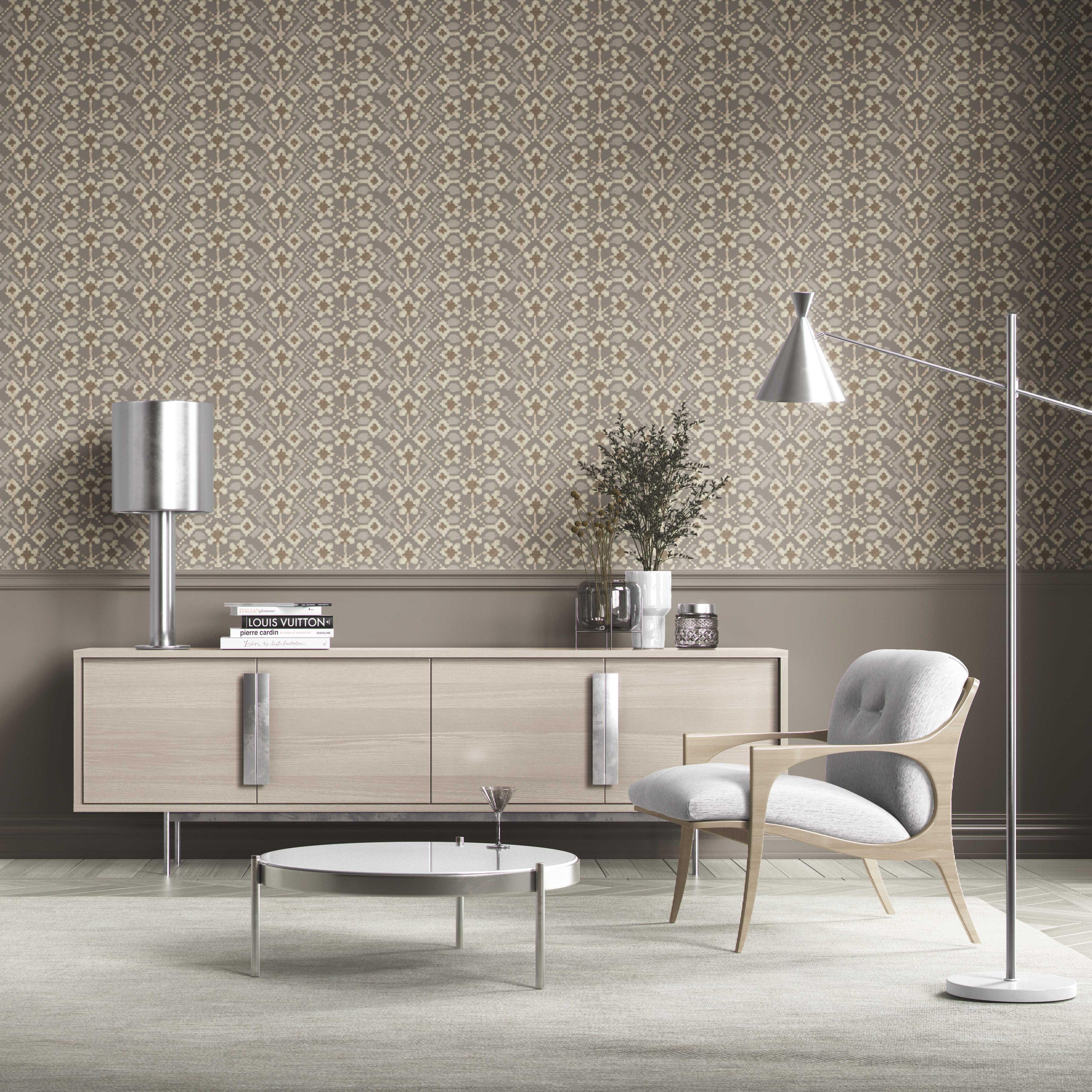 Modern Neutral-Toned Botanical Floral Kitchen Wallpaper Sample (Brown/ Taupe/ Beige)
