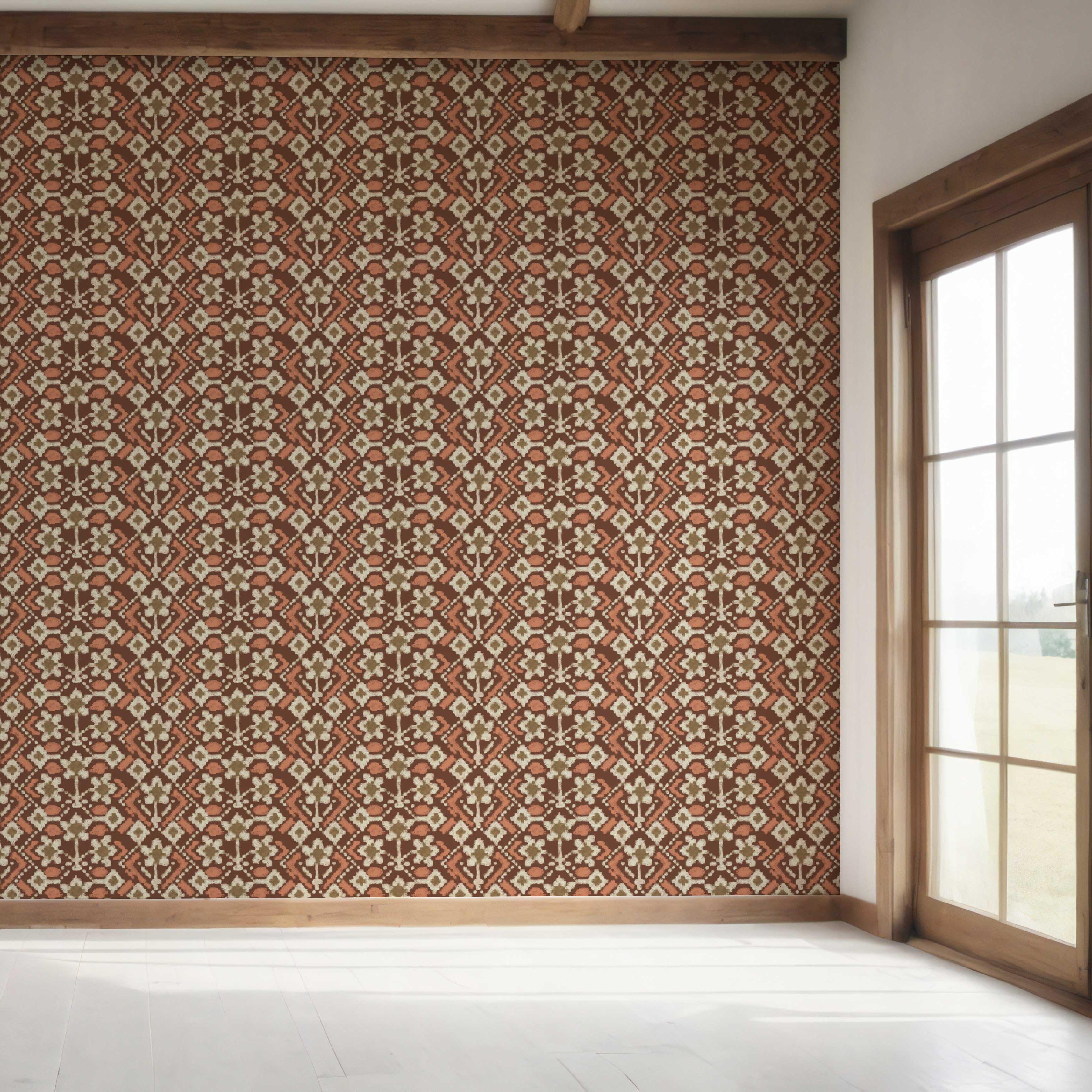 Modern Botanical Floral Bedroom Wallpaper (Brown/ Orange/ Beige)