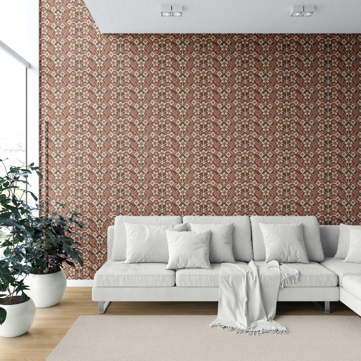 Modern Botanical Floral Shower Toilet Wallpaper Sample (Brown/ Orange/ Beige)
