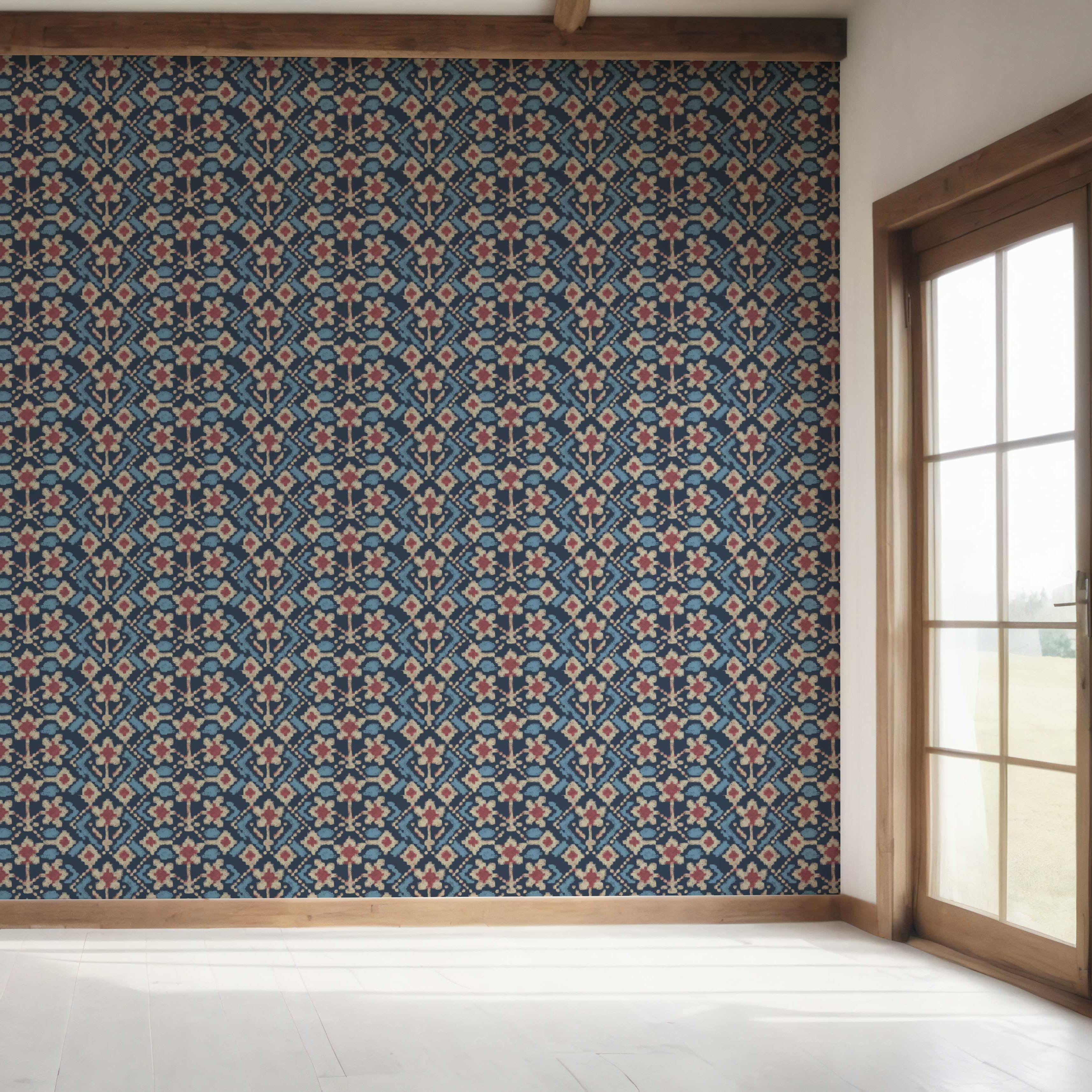 Modern Botanical Floral Bedroom Wallpaper Sample (Navy Blue/ Pink/ Beige)