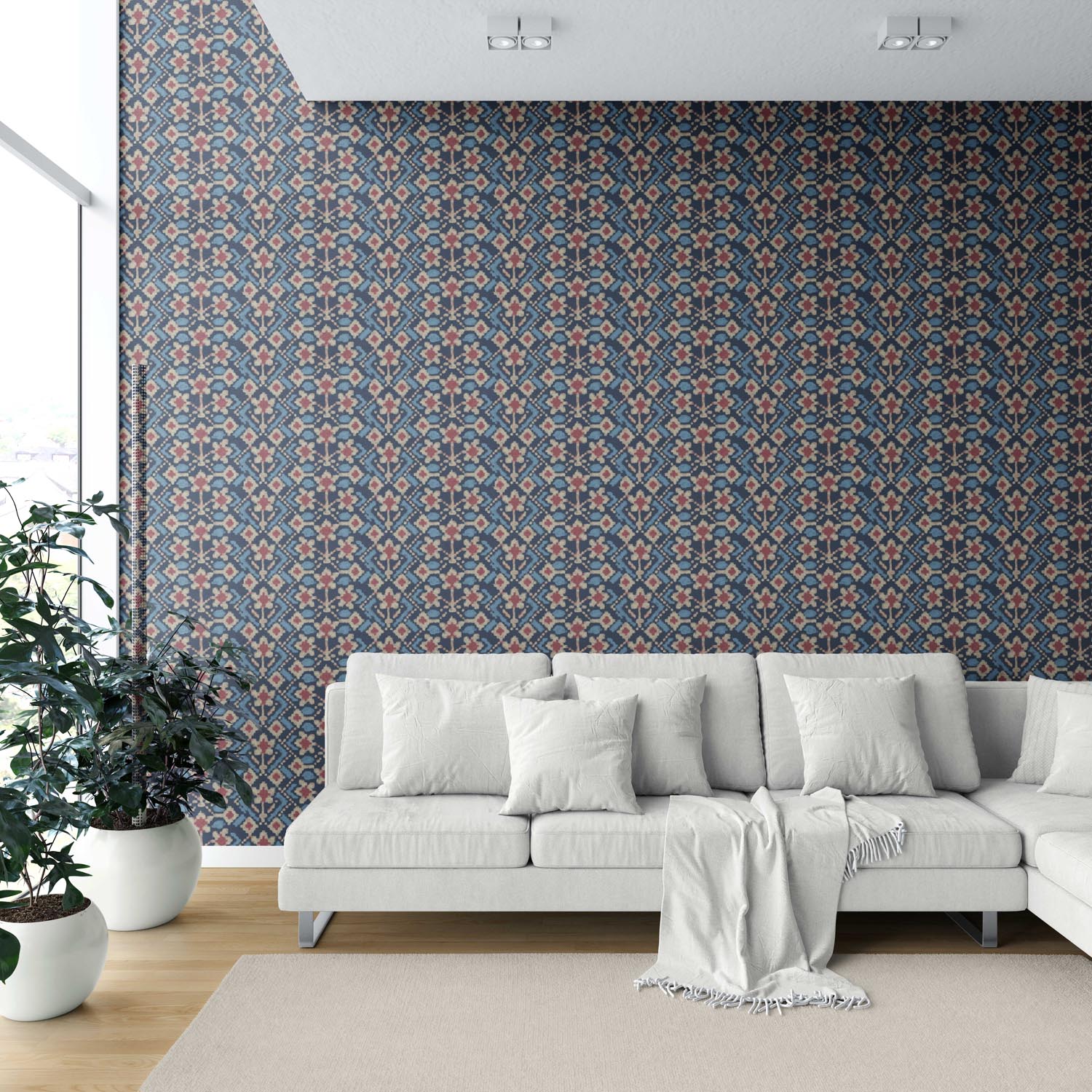 Modern Botanical Floral Shower Toilet Wallpaper Sample (Navy Blue/ Pink/ Beige)