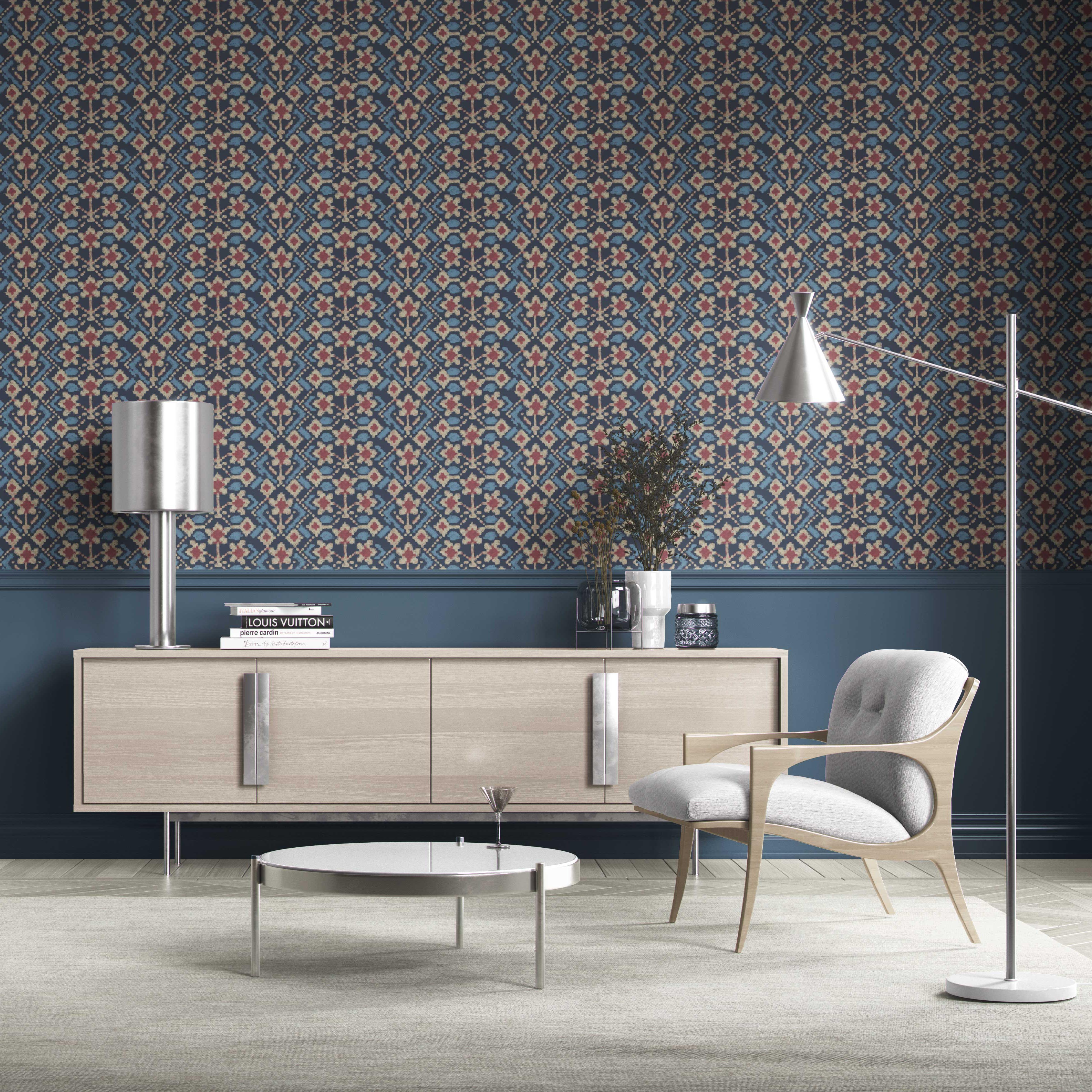 Modern Botanical Floral Kitchen Wallpaper Sample (Navy Blue/ Pink/ Beige)