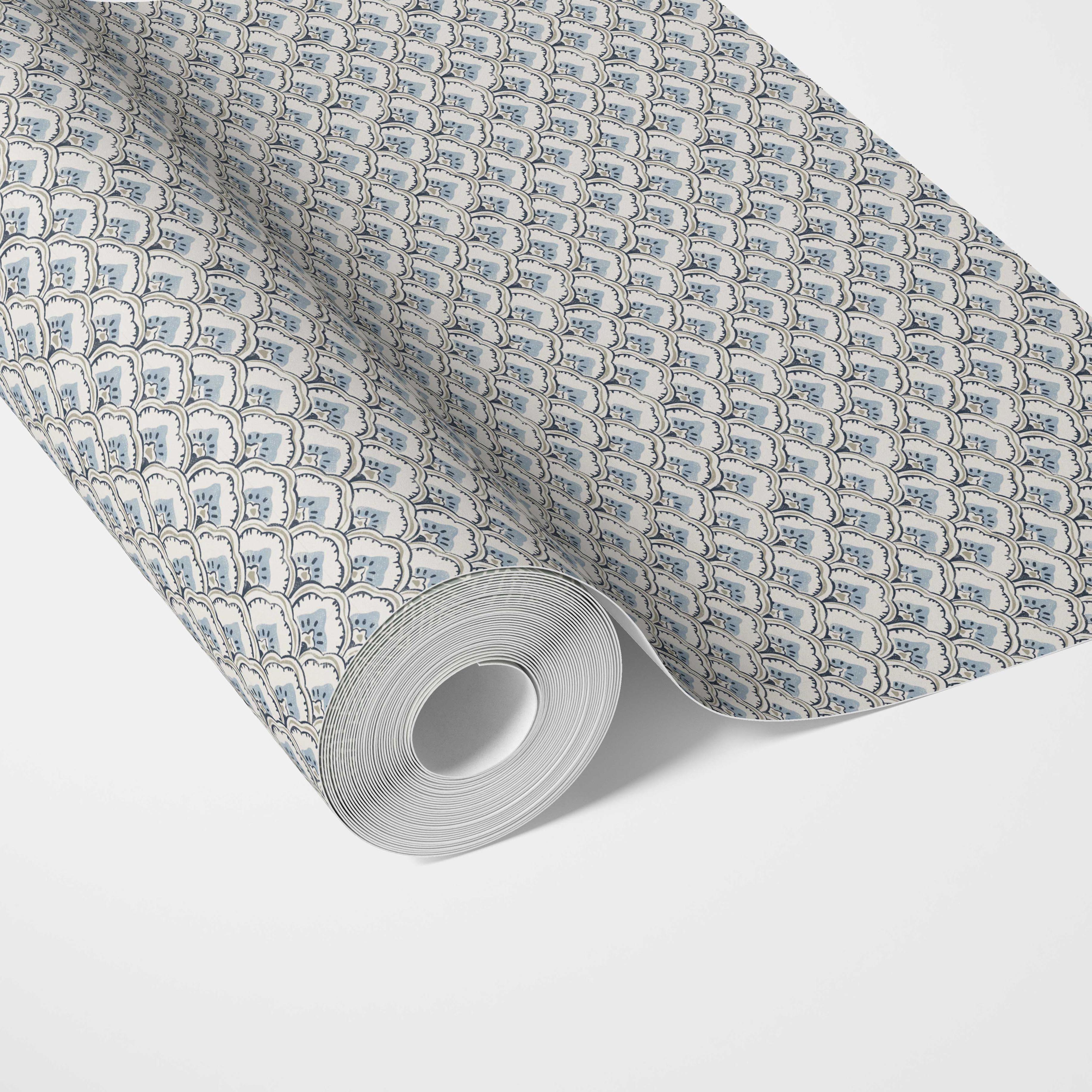 Small-Scale Floral Lattice Traditional Wallpaper Sample (Blue/ Gray/ White)