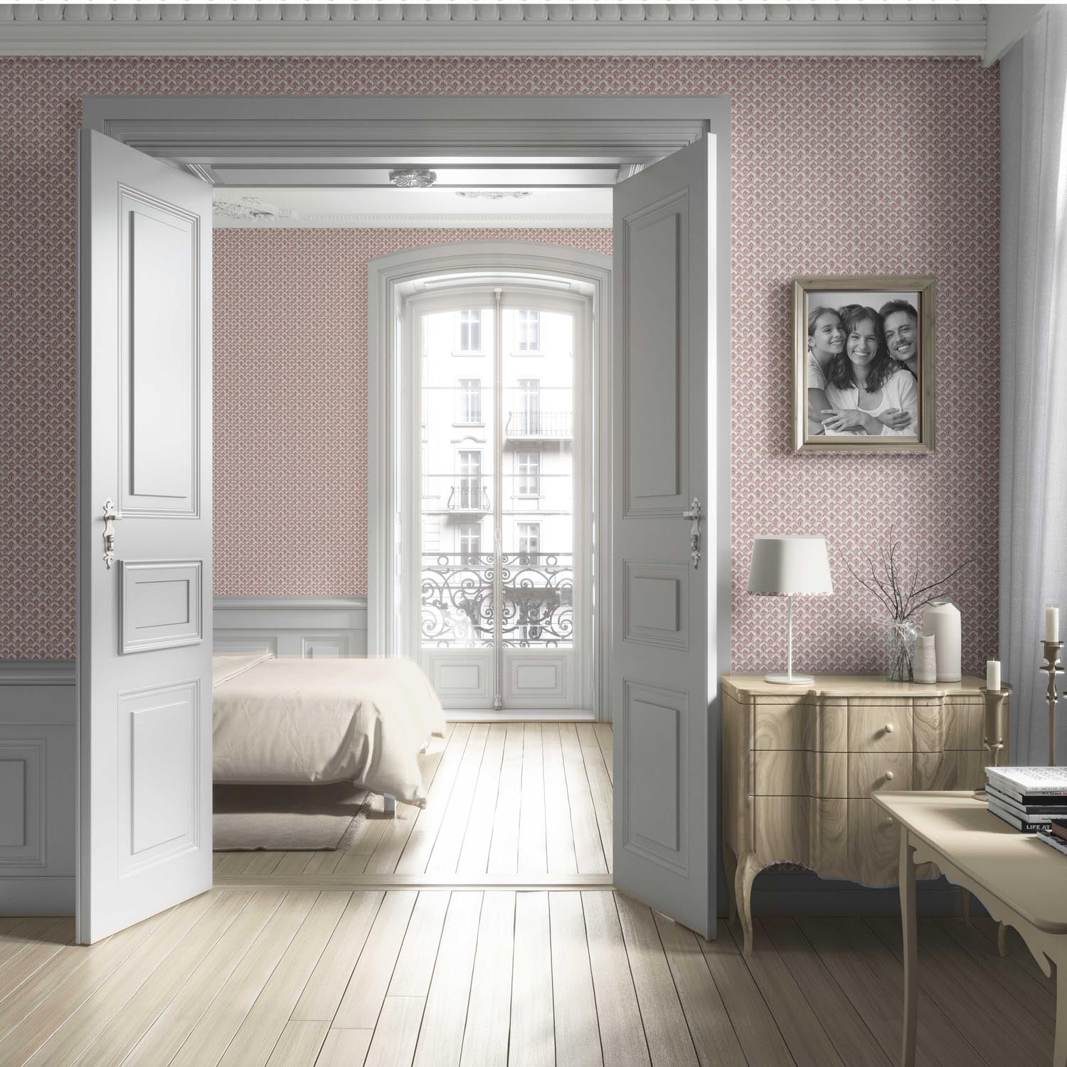 Small-Scale Floral Lattice Living Room Wallpaper Sample (Red/ Pink/ White)