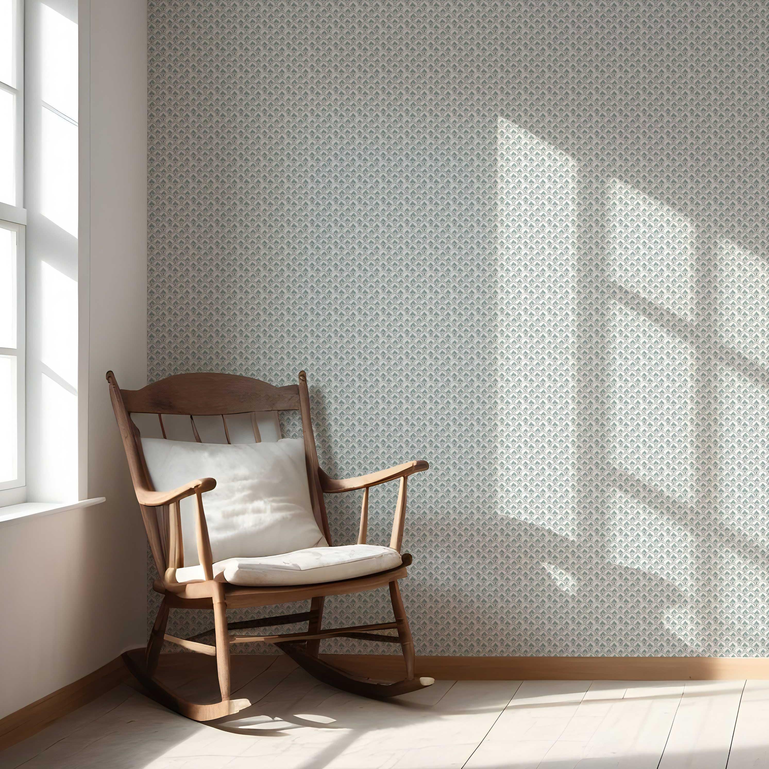Small-Scale Floral Lattice Nursery Wallpaper Sample (Blue-Green/ White)