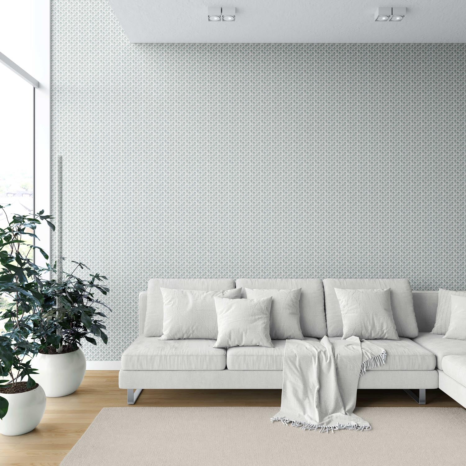 Small-Scale Floral Lattice Shower Toilet Wallpaper (Blue-Green/ White)